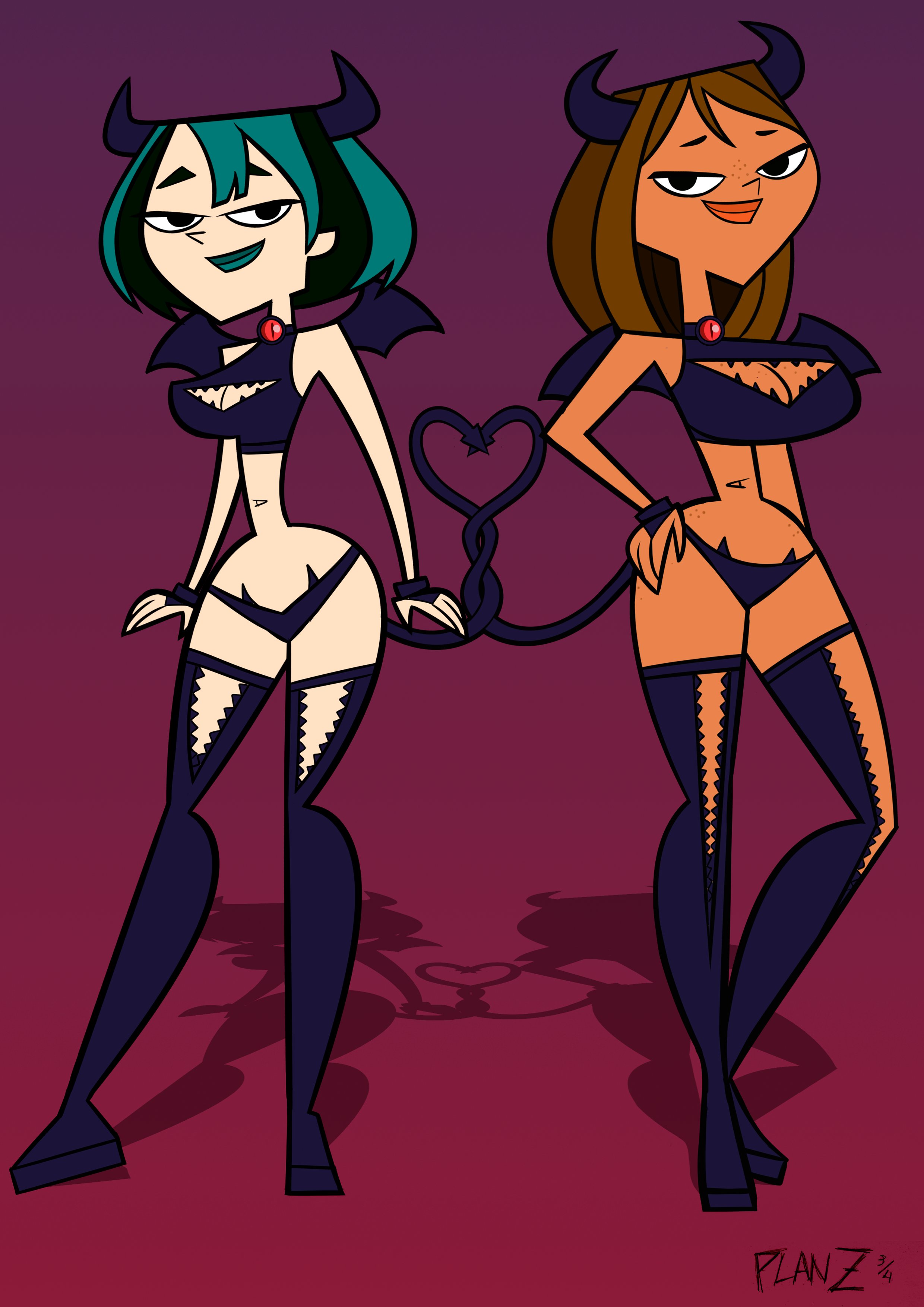 2girls, big breasts, bimbo, breasts, busty, cleavage, courtney (tdi), female, goth, green hair, gwen (tdi), hourglass figure, multiple females, multiple girls, pinup, pinup pose, planz34, smooth skin, tagme, teenager, total drama island, wide hips