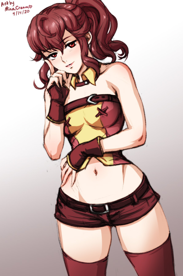1girls, alternate costume, anna (fire emblem awakening), anna (fire emblem), artist name, bare midriff, bare thighs, breasts, dated, female, female only, fingerless gloves, fire emblem, fire emblem awakening, gloves, looking at viewer, medium breasts, medium hair, minacream, nintendo, ponytail, red eyes, red hair, seductive smile, shorts, simple background, smile, solo, thighhighs, thinking, white background