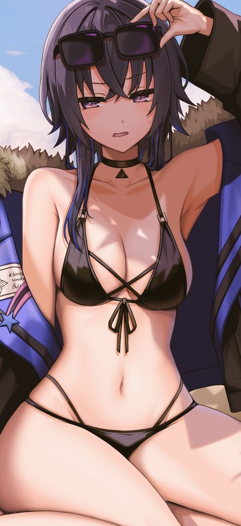 adjusting eyewear, alternate costume, arm at side, arm up, armpits, bare shoulders, bikini, black bikini, black choker, black hair, black jacket, blue hair, blue jacket, blush, breasts, choker, cleavage, cloud, collarbone, crossed legs, day, eyewear on head, female, female only, front-tie bikini top, front-tie top, fur trim, fur-trimmed jacket, hair between eyes, halterneck, ichinose uruha, ichinose uruha (4th costume), jacket, kushinaka, long hair, long sleeves, looking at viewer, lupinus virtual games, medium breasts, medium hair, multicolored hair, multicolored jacket, navel, off shoulder, official alternate hairstyle, open clothes, open jacket, open mouth, outdoors, purple eyes, sideboob, sidelocks, sitting, sky, solo, stomach, streaked hair, string bikini, sunglasses, swimsuit, thighs, two-tone jacket, virtual youtuber, vspo!