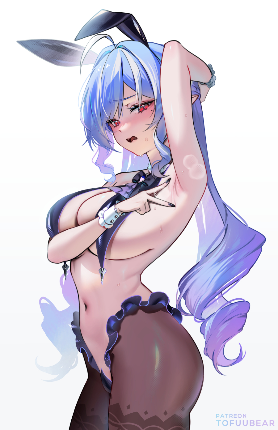 animal ears, arm behind head, arm up, armpits, ascot, blush, bow, bowtie, breast curtains, breasts, brooch, brown pantyhose, crotchless, crotchless pantyhose, fake animal ears, female, female only, highres, jewelry, large breasts, long hair, looking at viewer, multicolored hair, navel, open mouth, pantyhose, pointy ears, purple hair, rabbit ears, red eyes, sideboob, solo, streaked hair, thighs, tofuubear, vivian (zenless zone zero), vivian banshee, white hair, zenless zone zero