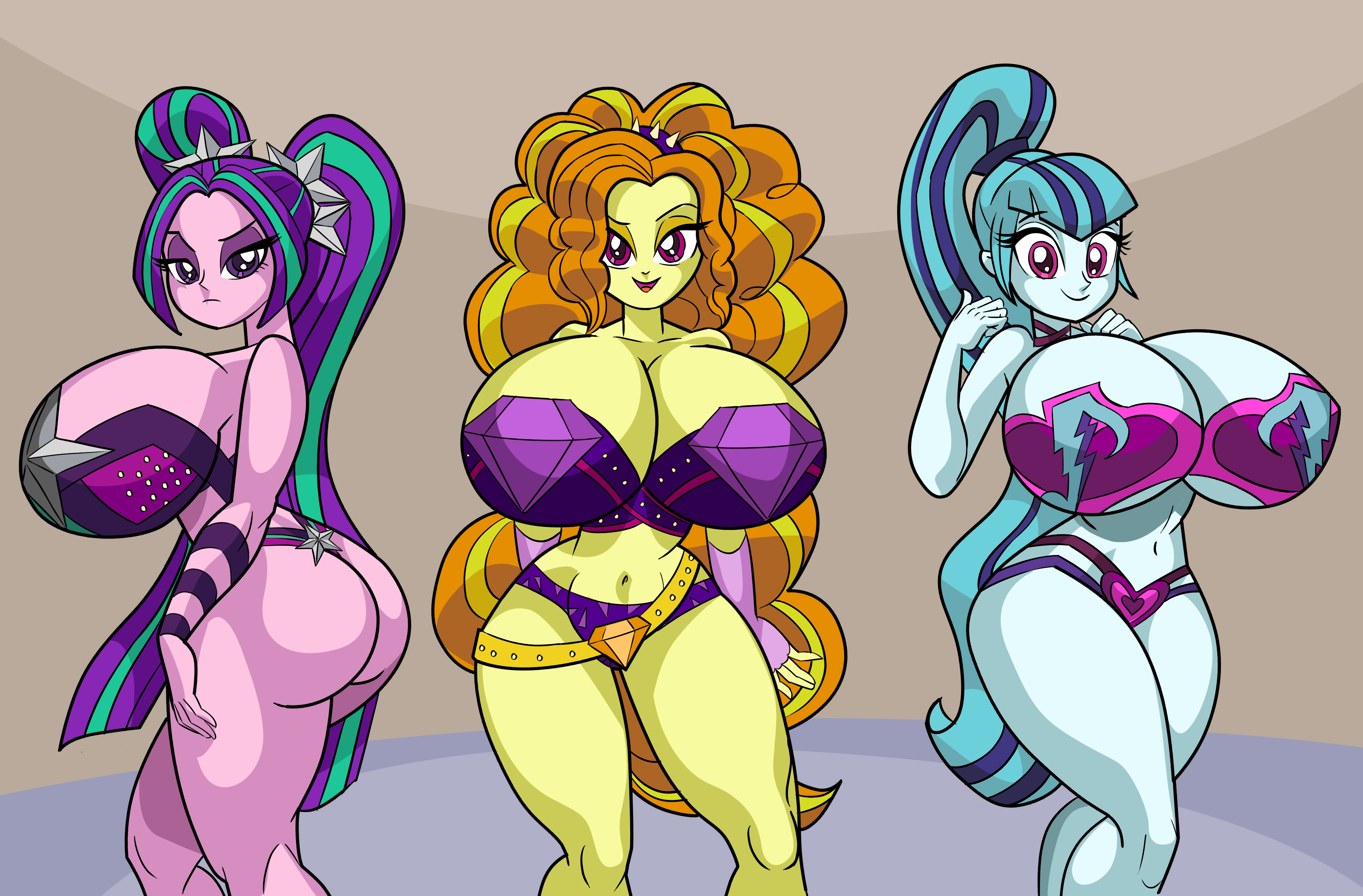 3girls, adagio dazzle, aria blaze, art-2u, ass, big ass, bimbo, breasts, cleavage, commission, curvy, equestria girls, equestria girls: rainbow rocks, female, female only, friendship is magic, hasbro, hi res, highres, hourglass figure, huge breasts, large breasts, long hair, looking at viewer, my little pony, navel, ponytail, sonata dusk, the dazzlings, thick thighs, thin waist, twintails, underboob, wasp waist, wide hips