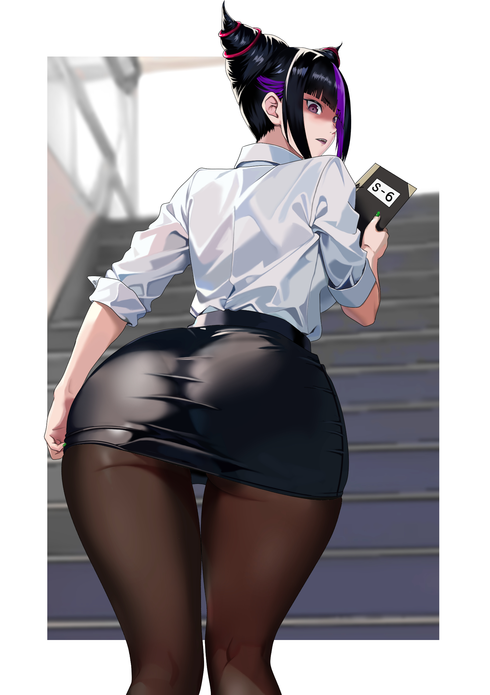adjusting clothes, ass, black hair, blurry, blurry background, commentary request, female, female only, fingernails, from behind, gluteal fold, hair horns, highres, holding, juri han, looking at viewer, looking back, miniskirt, multicolored hair, nail polish, notebook, pantyhose, pantylines, parted lips, pencil skirt, purple eyes, purple hair, shirt, simple background, skirt, sleeves rolled up, stairs, street fighter, street fighter 6, white shirt, yagi (joe731842)