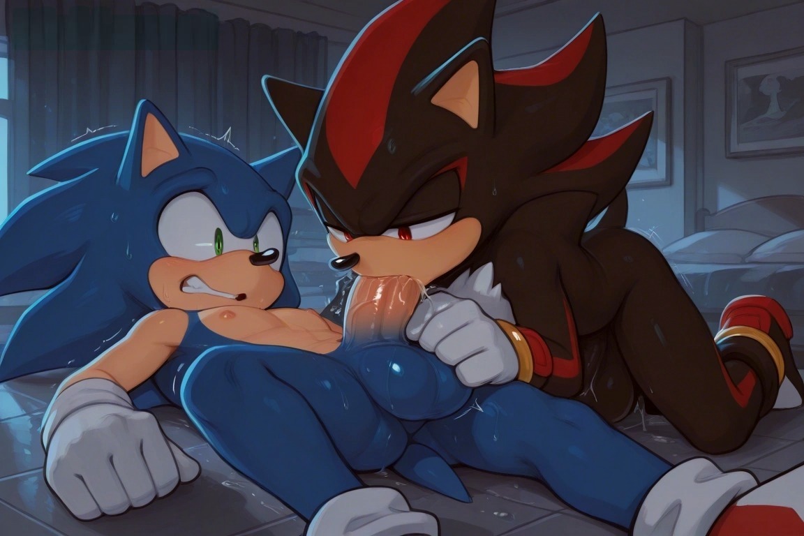 2boys, ai generated, ass, blowjob, blush, boner, dick, drooling, male only, nervous, oral, oral sex, penis, piza09, shadow the hedgehog, sonadow, sonic (series), sonic the hedgehog, sonic the hedgehog (series), sucking, yaoi