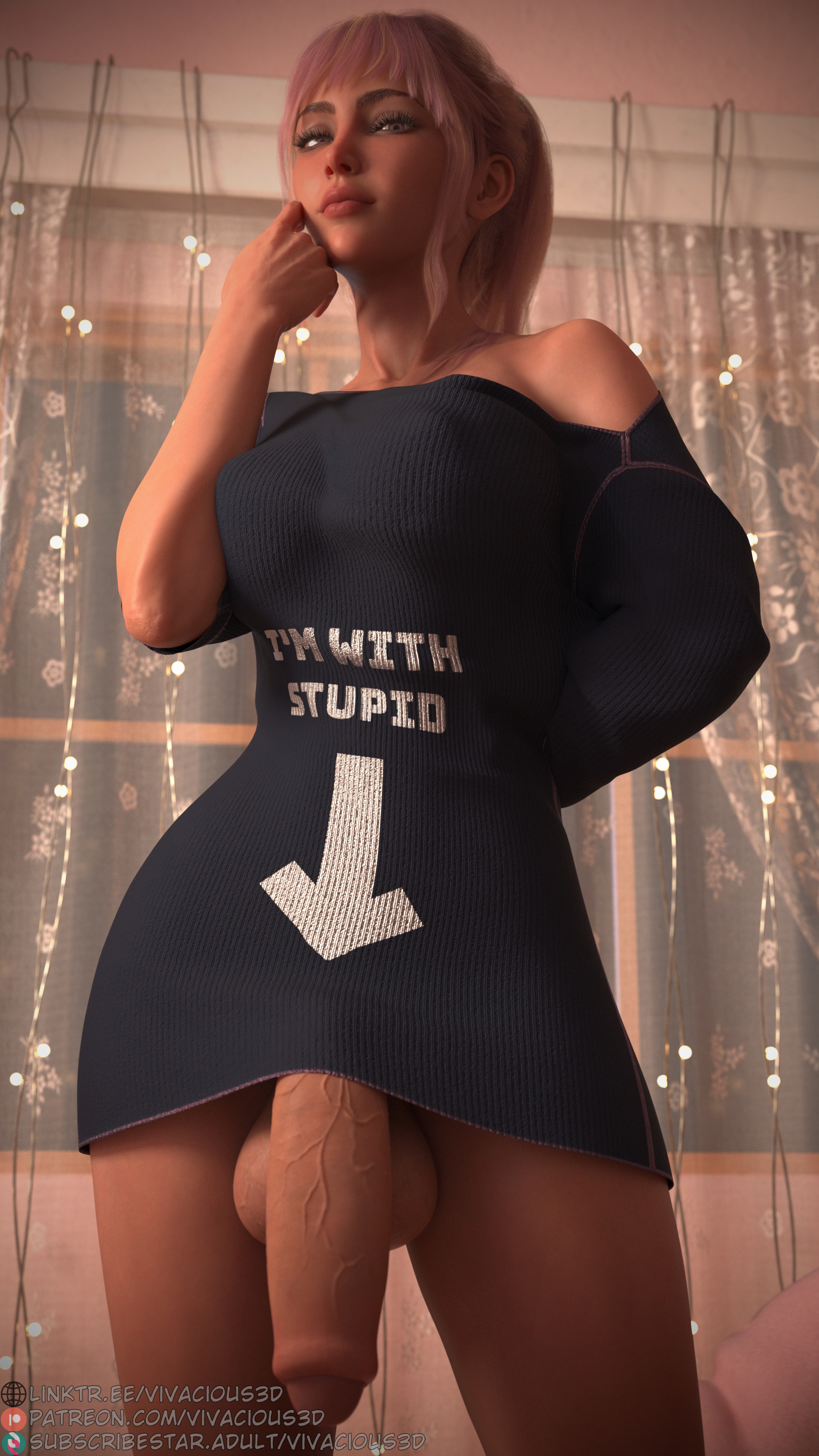 1futa, 3d, 3d (artwork), 3dx, arrow (symbol), arrow pointing to crotch, arrow pointing to penis, big breasts, big penis, breasts, calli (vivacious3d), english text, flaccid, flaccid penis, foreskin, full-package futa, futa only, futanari, huge cock, human, human only, i'm with stupid, large breasts, large penis, light skin, light-skinned futa, looking at viewer, no panties, original character, penis, penis out, pink hair, pink-haired futa, shirt, shirt only, standing, testicles, text on clothing, text on shirt, text on topwear, uncircumcised, uncircumcised futa, uncircumcised penis, uncut penis, vivacious3d, writing on shirt