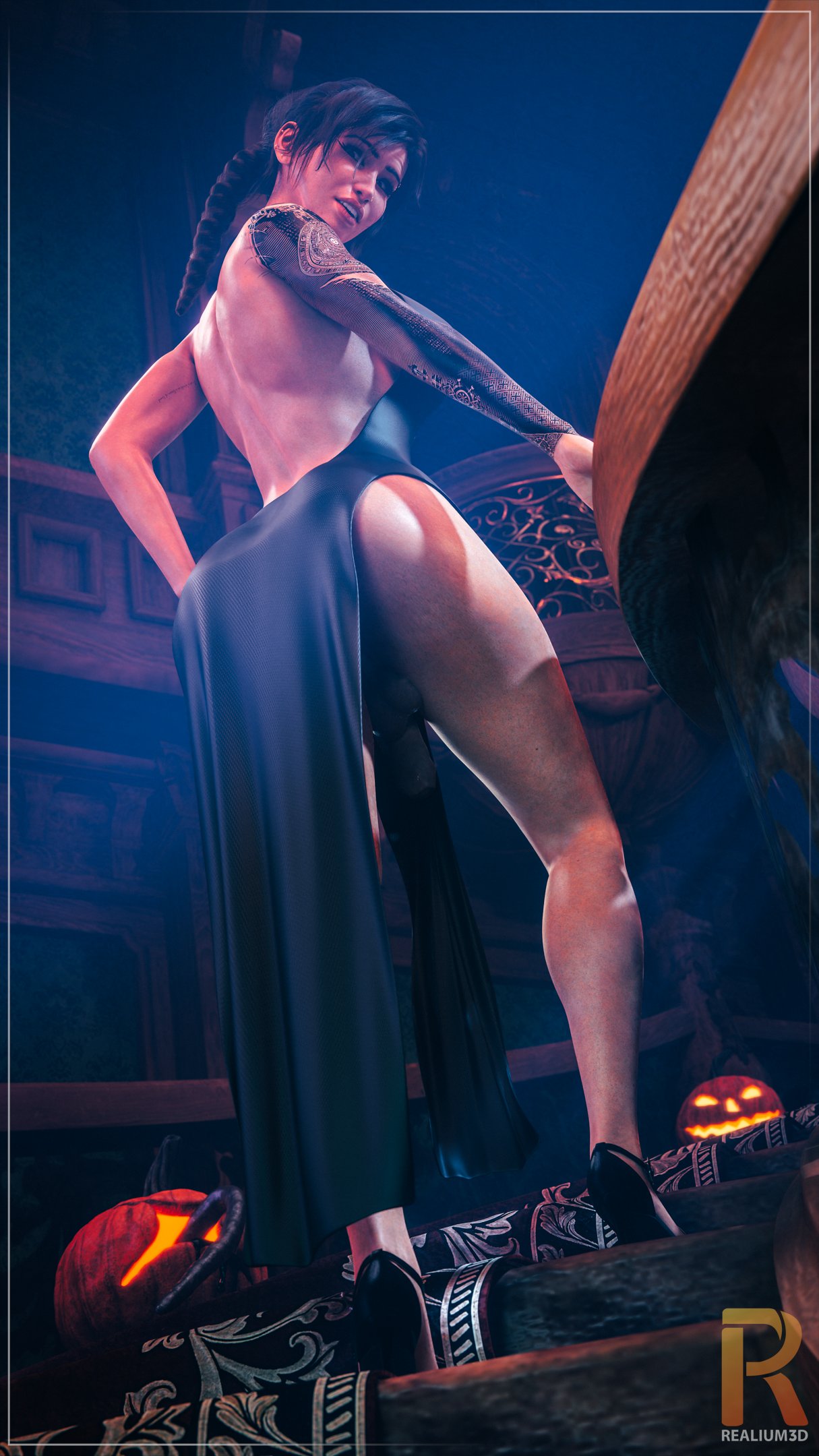 1futa, 3d, alternate version at source, ass, back view, balls, big ass, flaccid, futanari, high heels, lara croft, lara croft (survivor), no panties, penis, realium3d, solo, subtle penis, tomb raider, tomb raider (survivor)