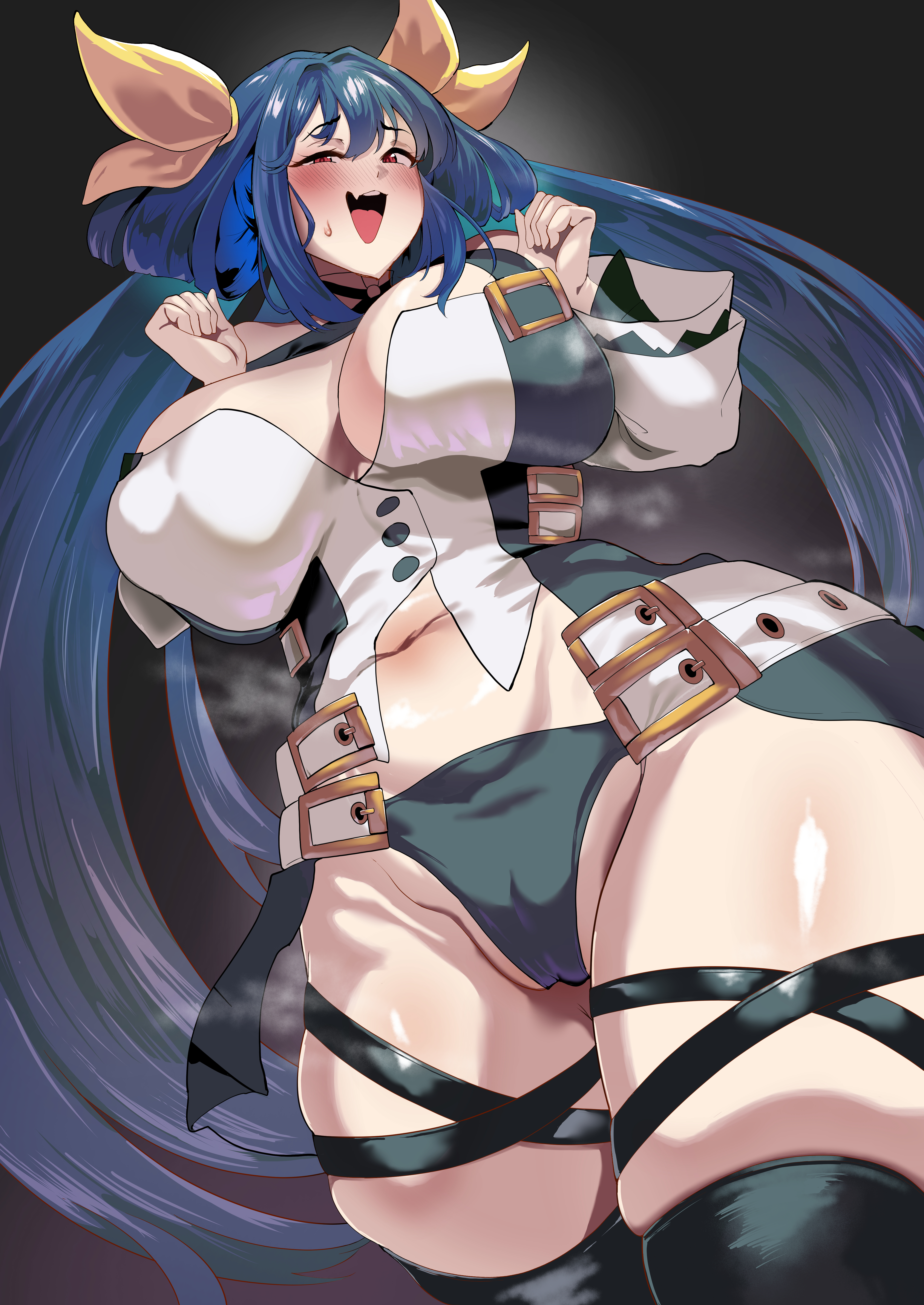 1girls, absurdres, alternate breast size (larger), belt, black panties, black thighhighs, blue hair, breasts, cameltoe, cleavage, cleavage cutout, clothing cutout, dizzy (guilty gear), female, female only, guilty gear, guilty gear xrd, hair rings, highres, huge breasts, large breasts, long hair, midriff, navel, open mouth, panties, plump, red eyes, ribbon, sato one1, sidelocks, skindentation, smile, steam, steaming body, stomach, thick thighs, thigh strap, thighhighs, thighs, twintails, underwear, yellow ribbon
