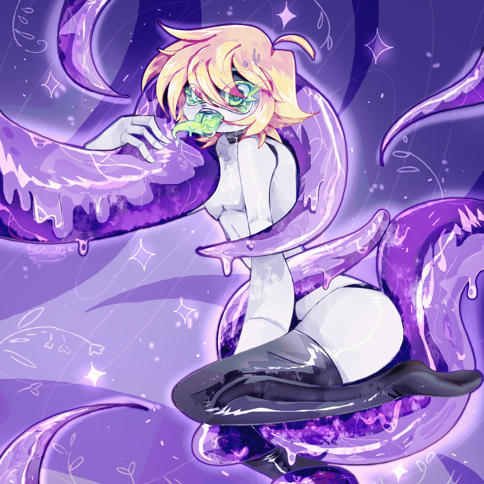 1femboy, erotic, femboy, femboy only, glitch productions, imminent sex, intimate, licking tentacle, looking pleasured, male, murder drones, robot, robot boy, robot femboy, sourcandysc, tentacle, thad (murder drones), tounge out, white body, worker drone