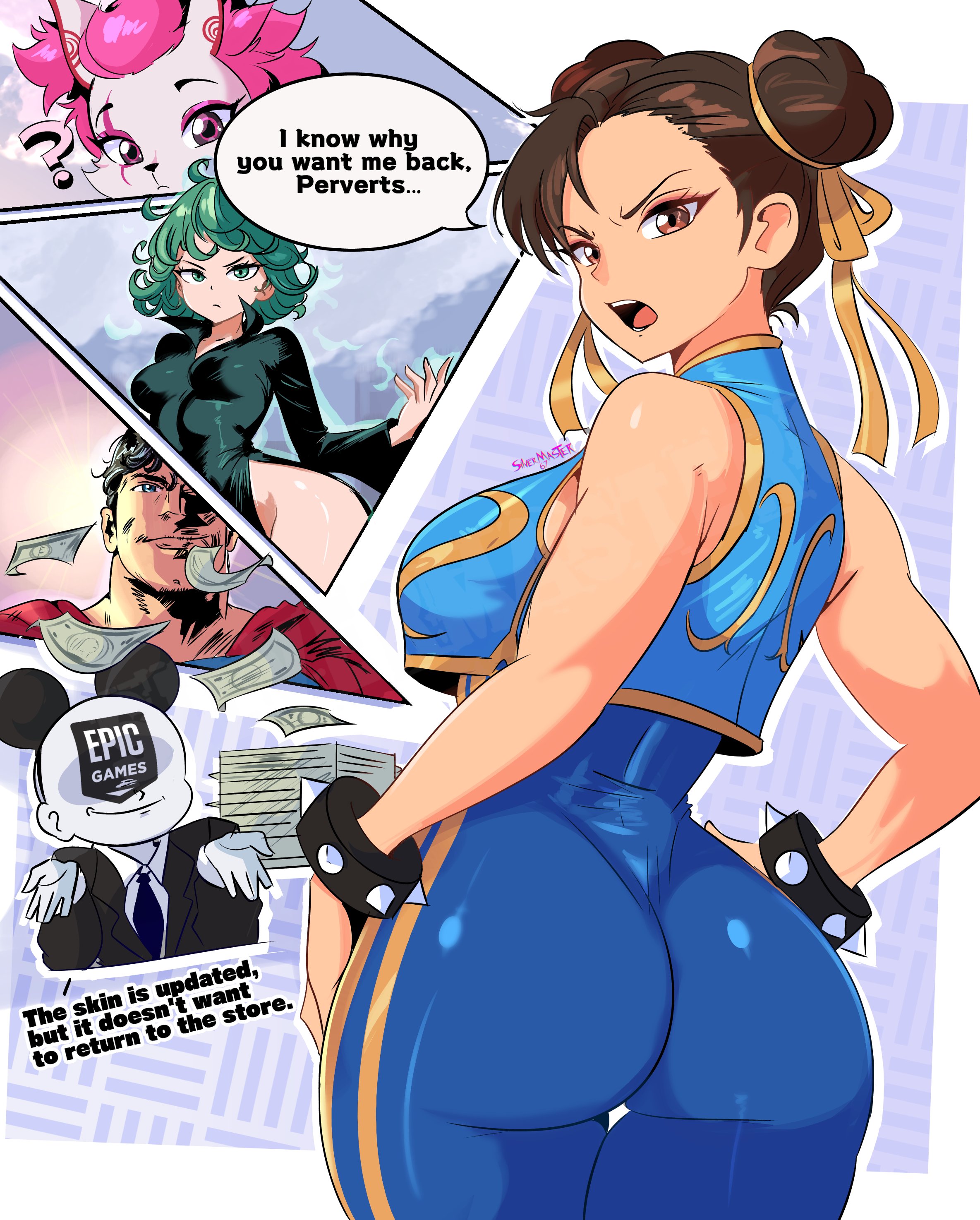 ?, 2boys, 3girls, absurdres, annoyed, artist name, ass, breasts, brown eyes, brown hair, capcom, cape, chun-li, crossover, dc, dc comics, double bun, eastern and western character, english text, epic games, female, fortnite, green hair, hair bun, hands on own hips, highres, huge ass, kimiko (fortnite), large breasts, looking at viewer, looking back, male, money, multiple boys, multiple females, multiple girls, multiple males, one-punch man, open mouth, sideboob, source request, street fighter, superhero, superman, superman (series), tatsumaki, teeth, thighs, tongue, unitard