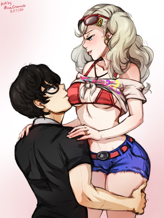 1boy, 1girls, ann takamaki, blonde hair, blue eyes, clothed, female, male, minacream, persona, persona 5, ren amamiya, tagme