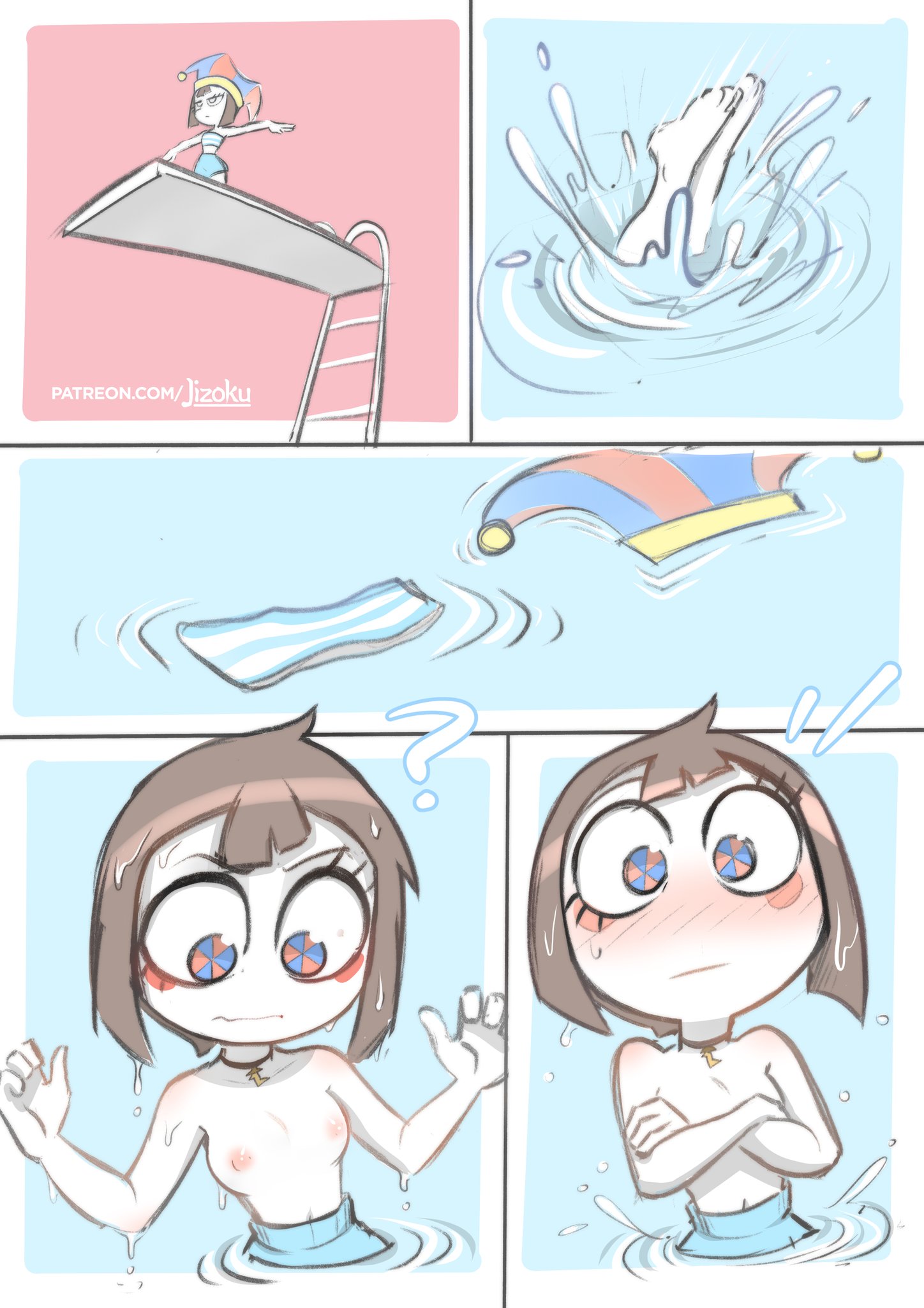 1girls, 5koma, arms crossed, bare shoulders, blush, breasts, brown hair, comic, covering, covering breasts, diving board, embarrassed, feet, female, glitch productions, hat removed, jizoku, navel, nipples, pomni (the amazing digital circus), question mark, red cheeks, short hair, small breasts, solo, swimwear, the amazing digital circus, topless, tubetop, wardrobe malfunction, water, wet body, white skin