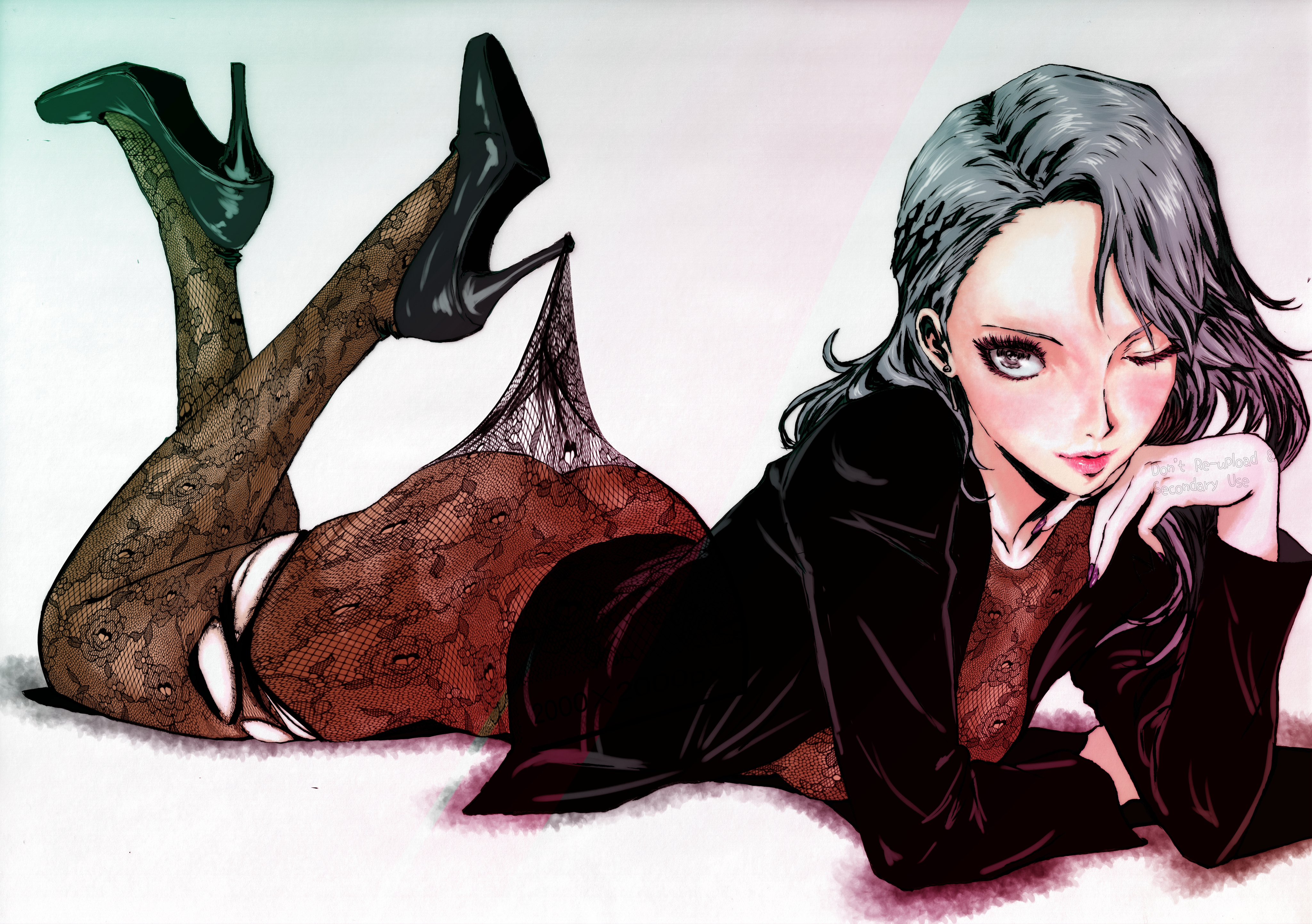 1girls, absurdres, black shoes, blazer, brown eyes, female, female only, grey hair, high heels, highres, jacket, lace, lace pantyhose hooked on heel (meme), lace shirt, looking at viewer, lying, meme, nail polish, oeilvert fft, on stomach, pantyhose, persona, persona 5, pink lips, sae niijima, shoes, the pose, torn clothes, torn pantyhose