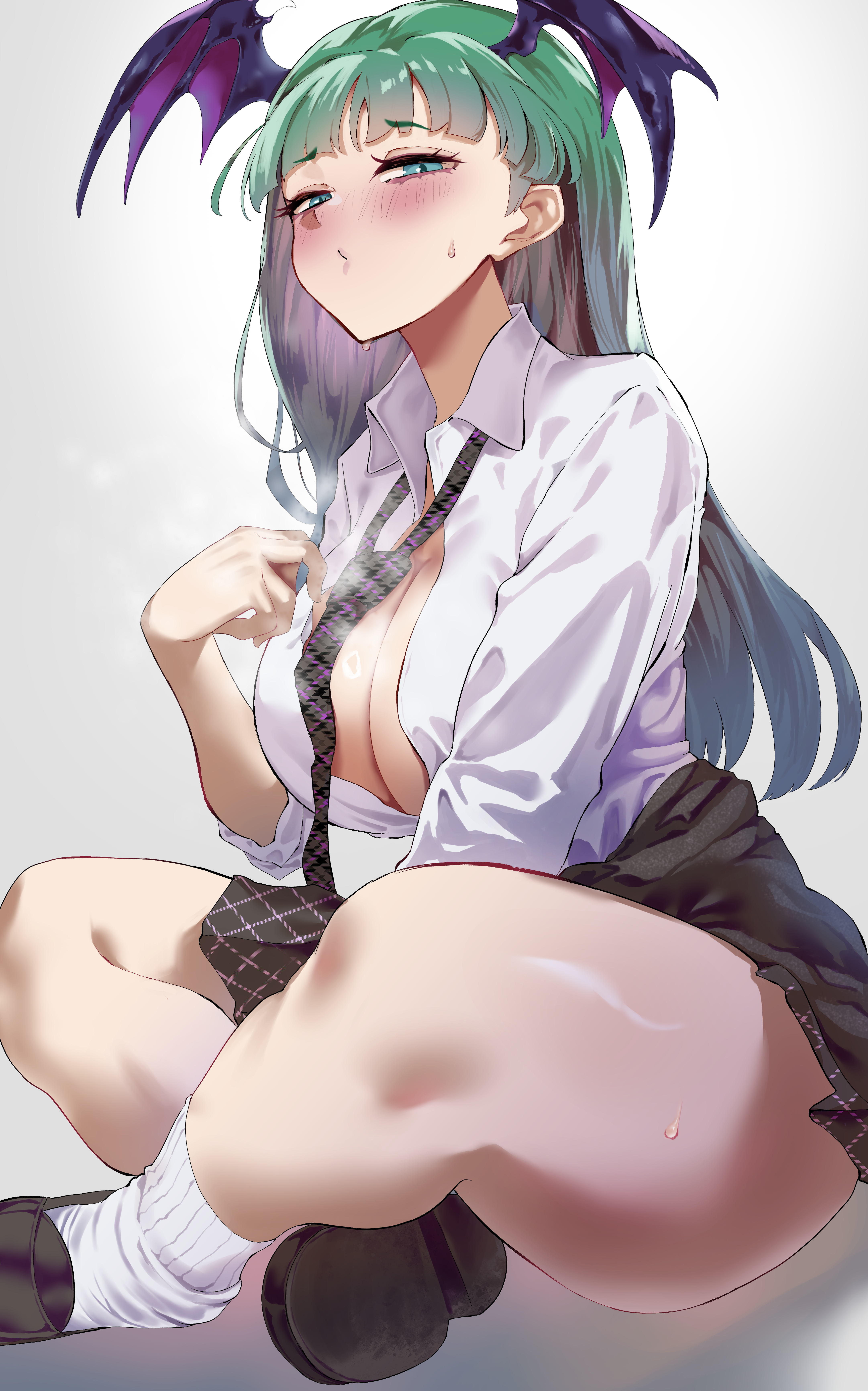 1girls, absurdres, black shoes, black skirt, blush, breasts, cleavage, clothes around waist, darkstalkers, female, female only, green eyes, green hair, head wings, highres, indian style, large breasts, looking at viewer, morrigan aensland, necktie, partially unbuttoned, plaid clothes, plaid necktie, sato one1, school uniform, shirt, shoes, sitting, skirt, solo, succubus, sweater, sweater around waist, white shirt, wings