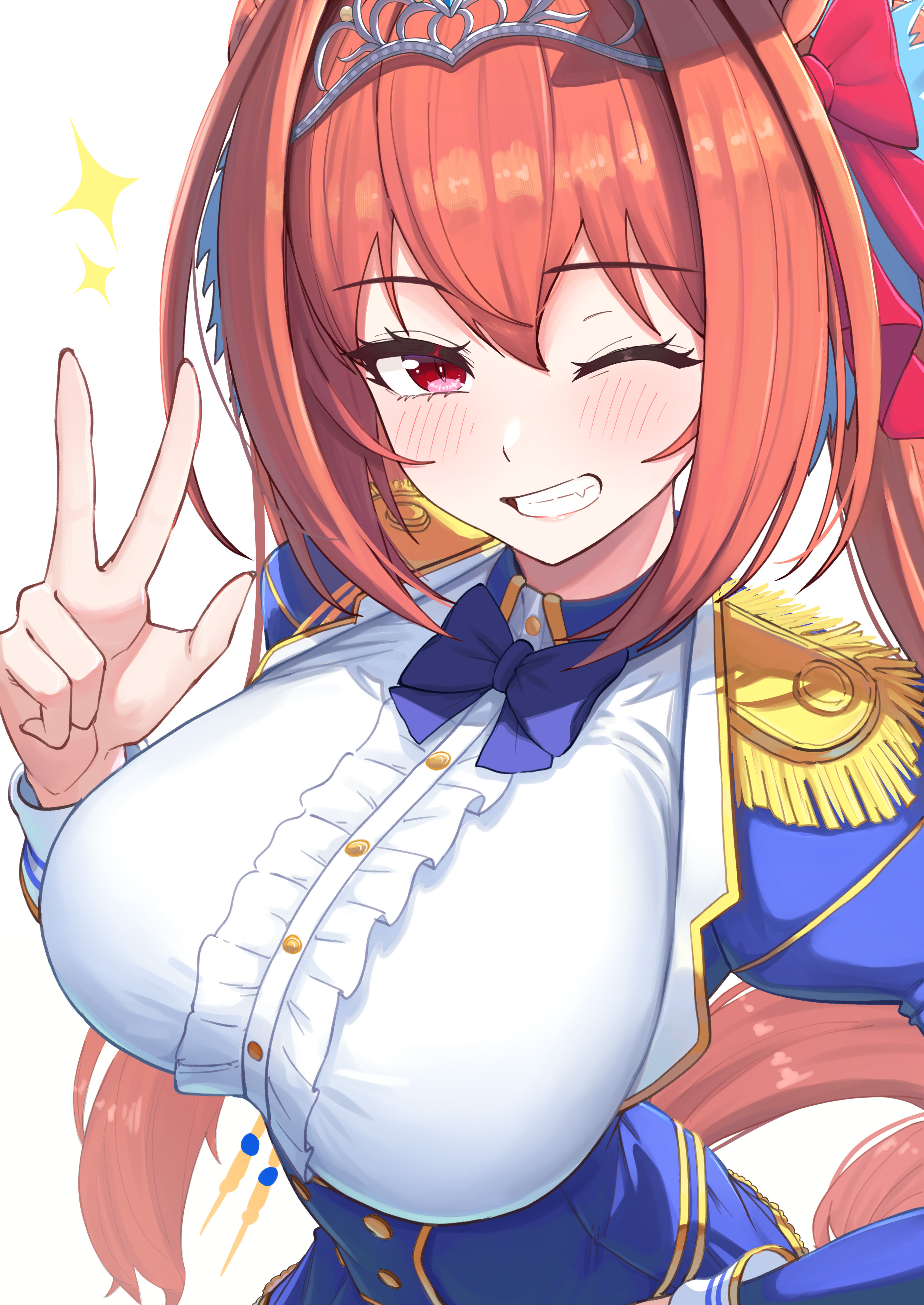 absurdres, animal ears, antenna hair, artist request, blue bow, blue bowtie, blush, bow, bowtie, breasts, brown hair, center frills, commentary request, daiwa scarlet (peak blue) (umamusume), daiwa scarlet (umamusume), epaulettes, female, female only, framed breasts, frills, grin, hair between eyes, hair intakes, highres, horse ears, horse girl, large breasts, long hair, looking at viewer, oerba yun fang, one eye closed, red eyes, shirt, simple background, smile, solo, take978733141, tiara, twintails, umamusume, underbust, w, white background, white shirt