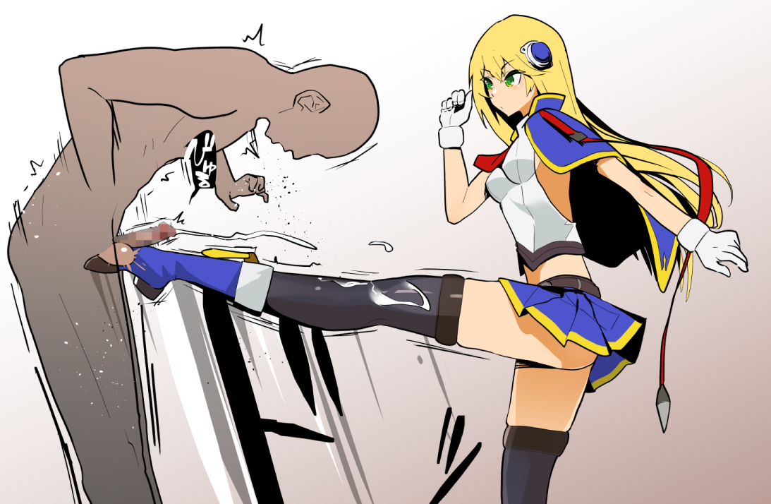 1boy, 1girls, ballbusting, ballbusting orgasm, blazblue, blonde, blonde female, blonde hair, blonde hair female, blonde-haired female, censored, censored penis, cum, ejaculation, female, garasuhokou, kick, kicking, kicking balls, long hair, long hair female, male, mosaic censoring, noel vermillion, orgasm, penis, semen, skirt, thick thighs, thighs, woman