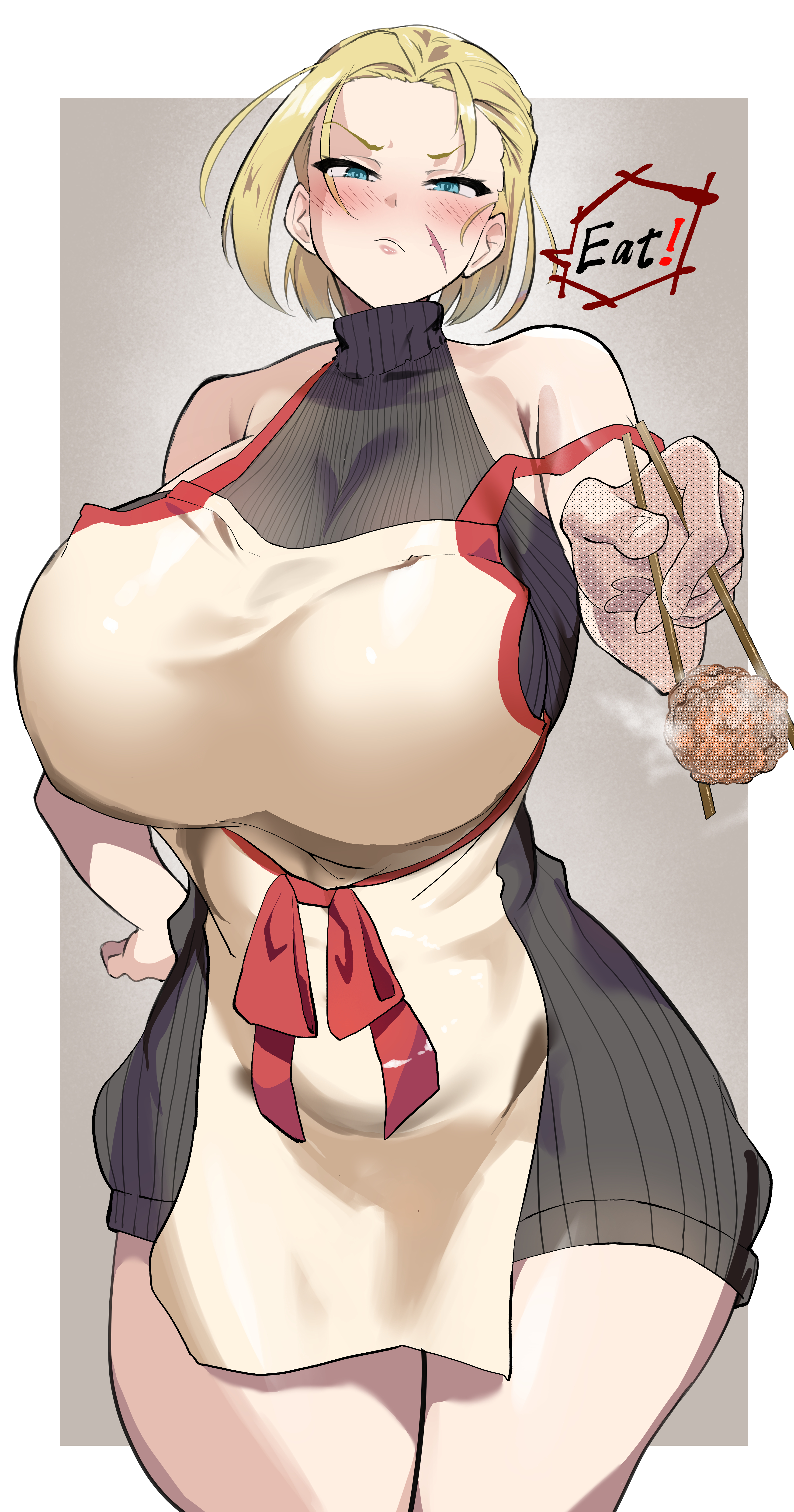 1girls, absurdres, alternate breast size (larger), apron, bare shoulders, blonde hair, blue eyes, blush, border, breasts, cammy white, chopsticks, english text, female, female only, food, half-closed eyes, hand on own hip, highres, holding, holding chopsticks, huge breasts, large breasts, looking at viewer, meat, sato one1, scar, simple background, sleeveless, sleeveless turtleneck, speech bubble, street fighter, sweater, thick thighs, thighs, turtleneck, turtleneck sweater, white apron, white border