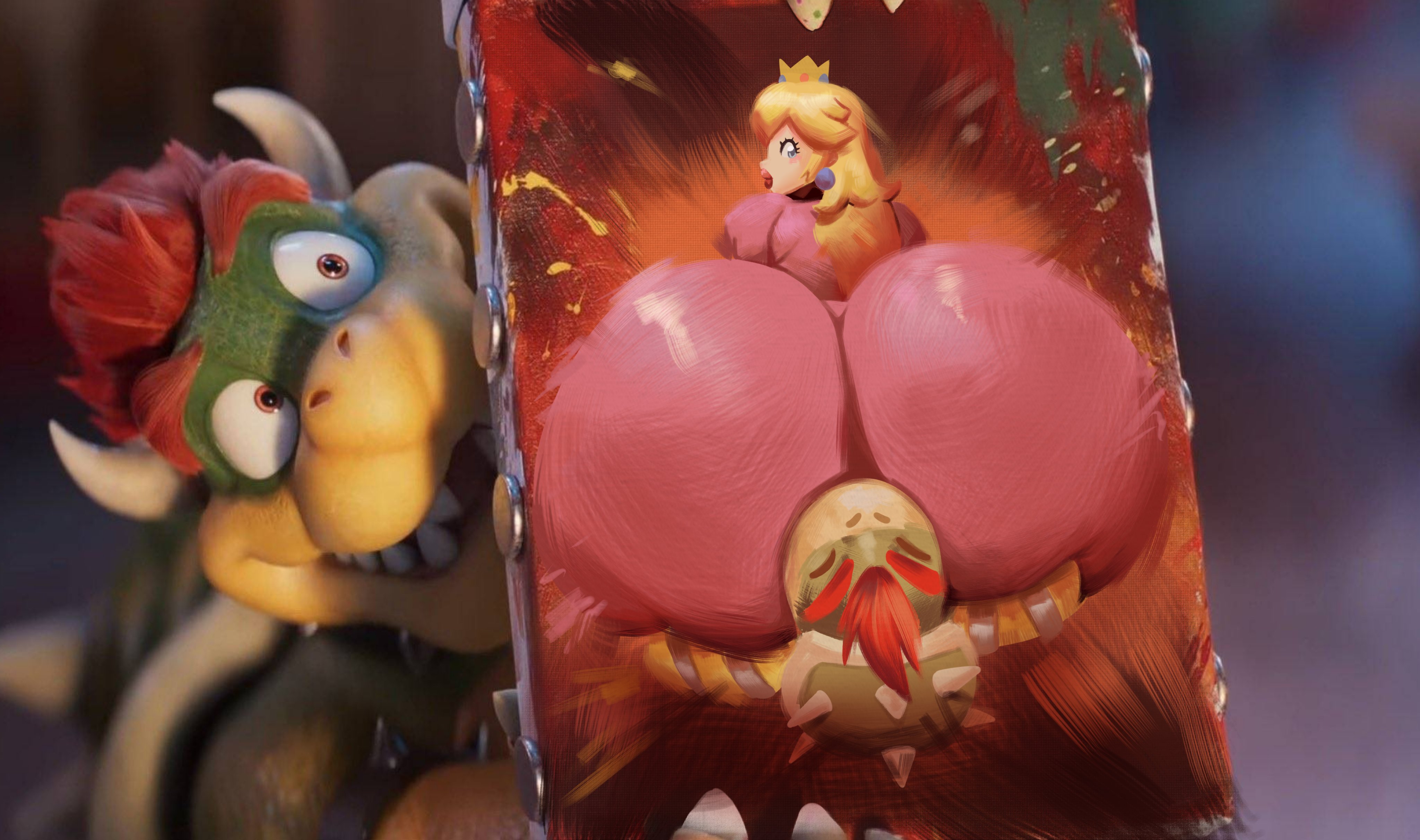 1boy, 1boy1girl, 1girls, ass, big ass, big butt, blonde hair, blue eyes, bowser, bowser showing his painting, butt, edit, edited official artwork, edited screencap, facesitting, fat ass, fat butt, female, fully clothed, funny, horns, huge ass, huge butt, hyper, hyper ass, hyper butt, lipstick, looking back, male, mario (series), nintendo, orange eyes, painting (artwork), panchito1234nos, panting, princess peach, red hair, screencap, super mario galaxy (2026 film), thick ass, thick butt, turtle