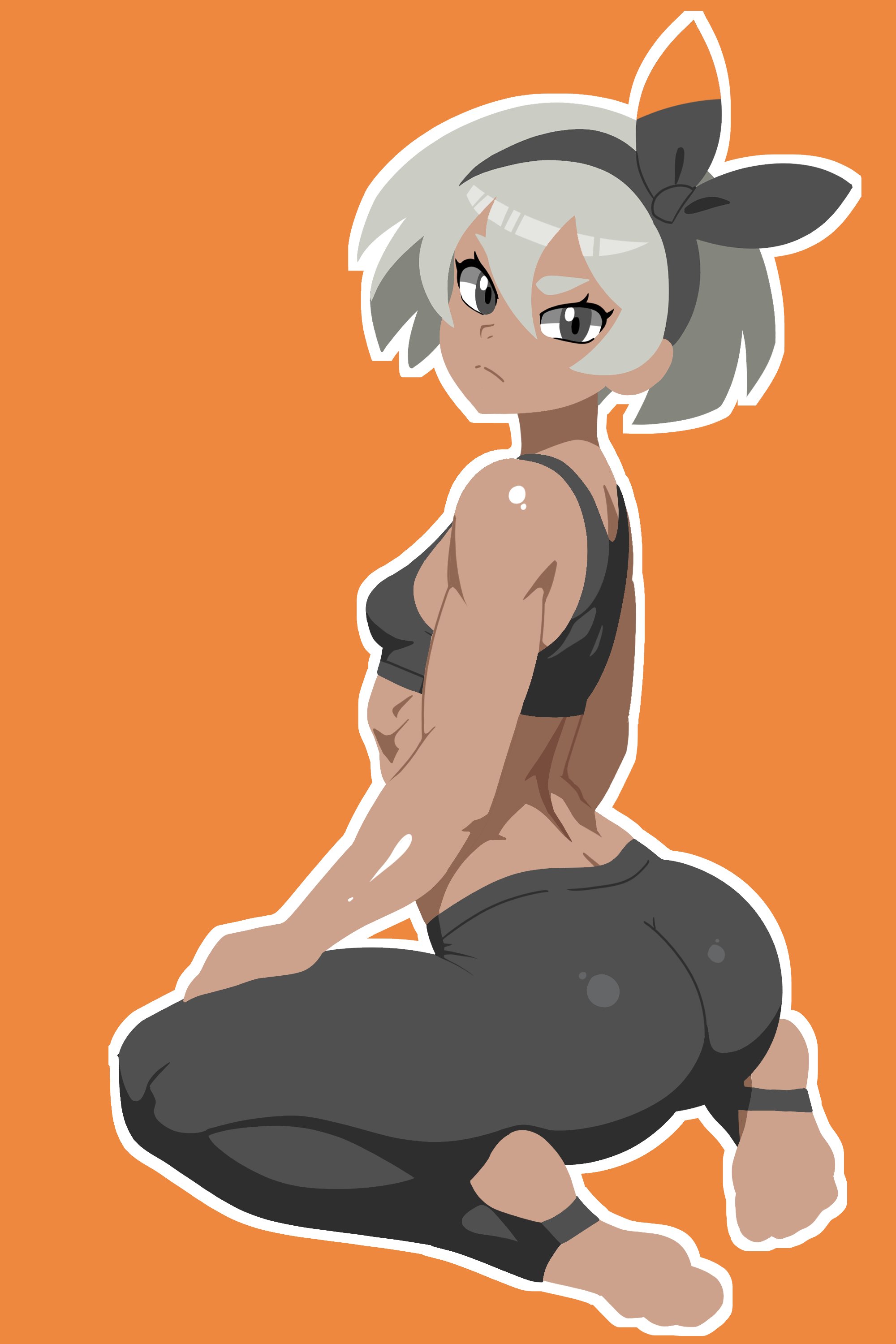 1girls, absurdres, alternate costume, ass, aussy, bea (pokemon), bob cut, bow, breasts, dark skin, dark-skinned female, female, female only, frown, full body, game freak, grey eyes, grey hair, hair ribbon, hairbow, highres, medium hair, nintendo, pants, pokemon, pokemon ss, pokemon swsh, ribbon, saucy aussy, sitting, small breasts, solo, stirrup legwear, sweatpants, tank top, toeless legwear, wariza
