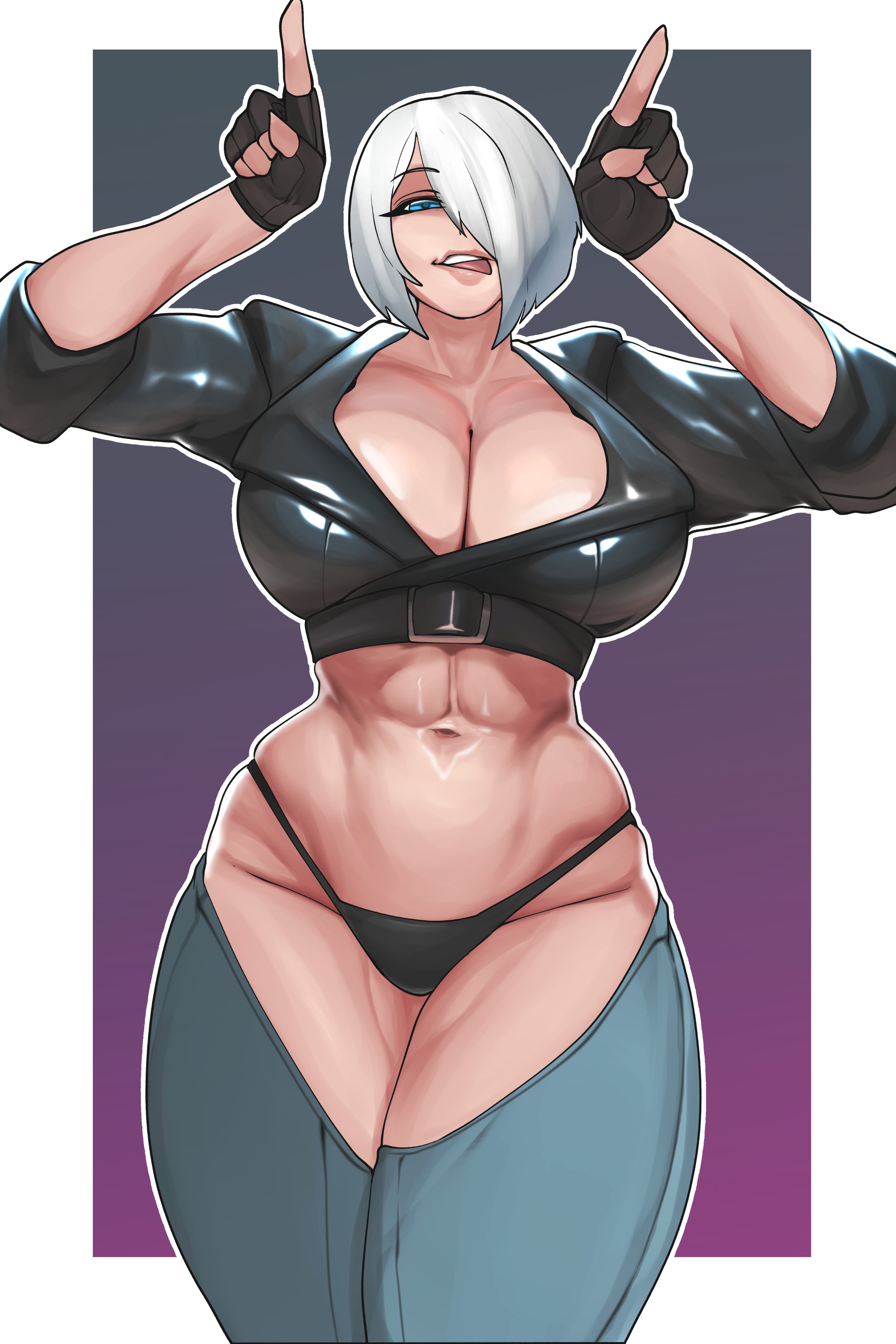1girls, angel (kof), big breasts, blue eyes, breasts, brothbowl, curvy, curvy female, female, female focus, gloves, huge breasts, king of fighters, leather, leather clothing, licking, light skin, light-skinned female, looking at viewer, panties, shiny clothes, shiny skin, short hair, thick, thick thighs, thighs, tongue, tongue out, voluptuous, voluptuous female, white hair