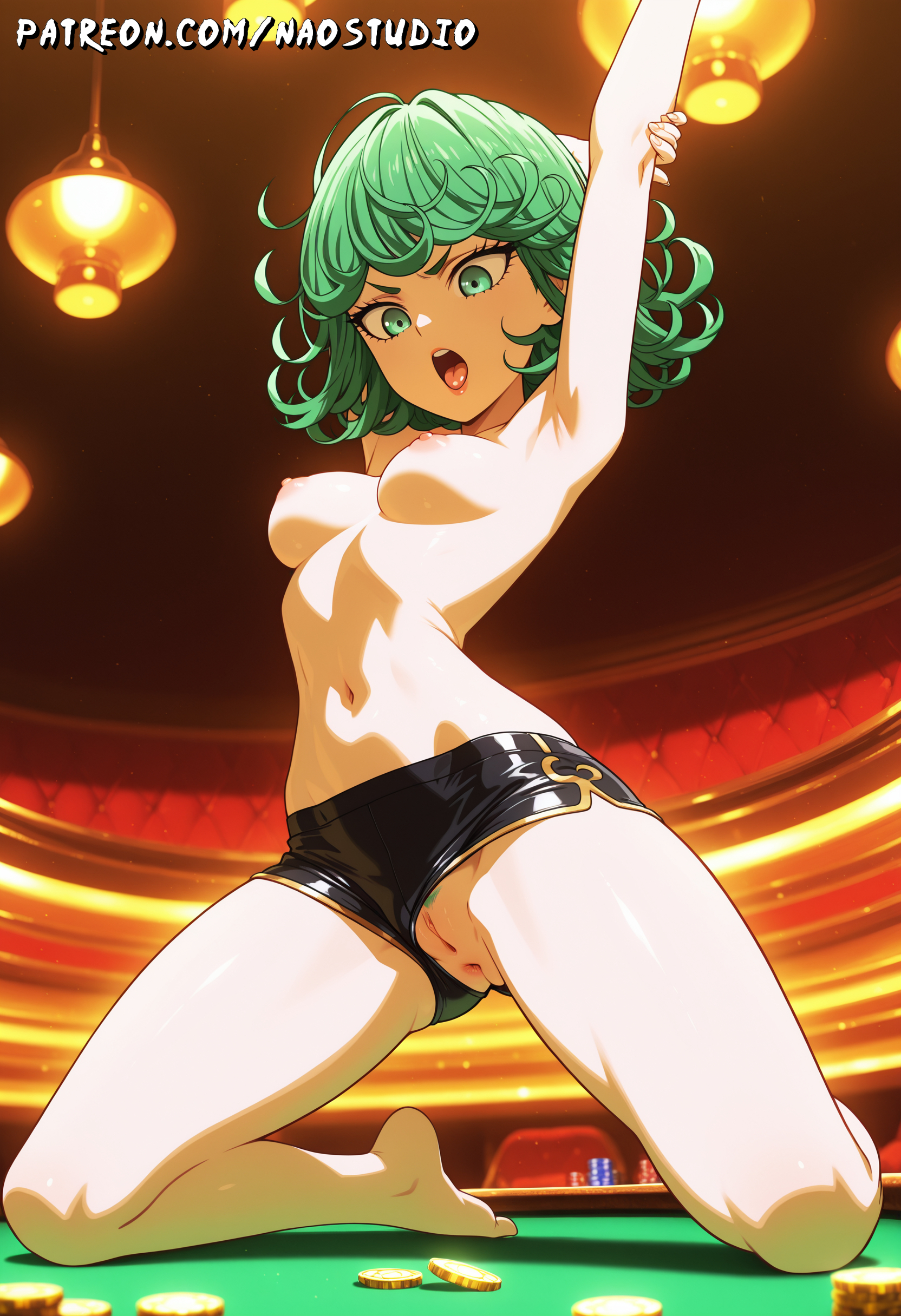 1girls, ai generated, angry expression, anime, anime style, artist name, ass, breasts, esper, female, female only, floating, glowing eyes, green eyes, green hair, naked, naostudio, one punch man, one-punch man, petite, short hair, small breasts, solo, solo female, tatsumaki, tight clothing, web address