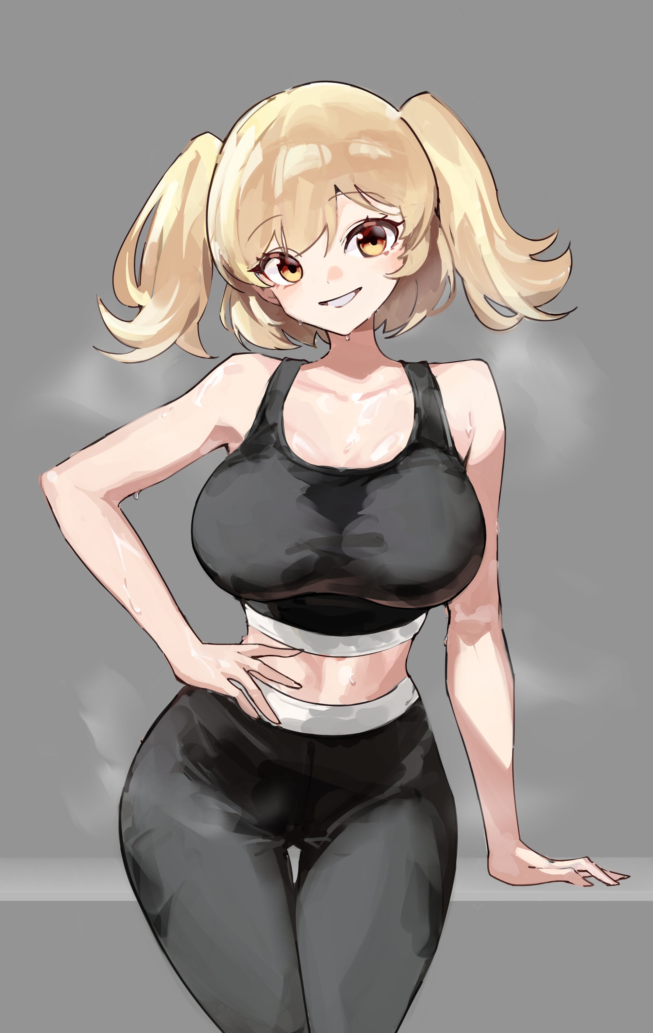 1girls, absurdres, alternate costume, arm support, black pants, black sports bra, blonde hair, breasts, burnice white, collarbone, commentary, female, female only, grey background, grin, hand on own hip, highres, large breasts, looking at viewer, medium hair, midriff, pants, ppangchil, smile, solo, sports bra, steaming body, sweat, symbol-only commentary, twintails, yellow eyes, zenless zone zero