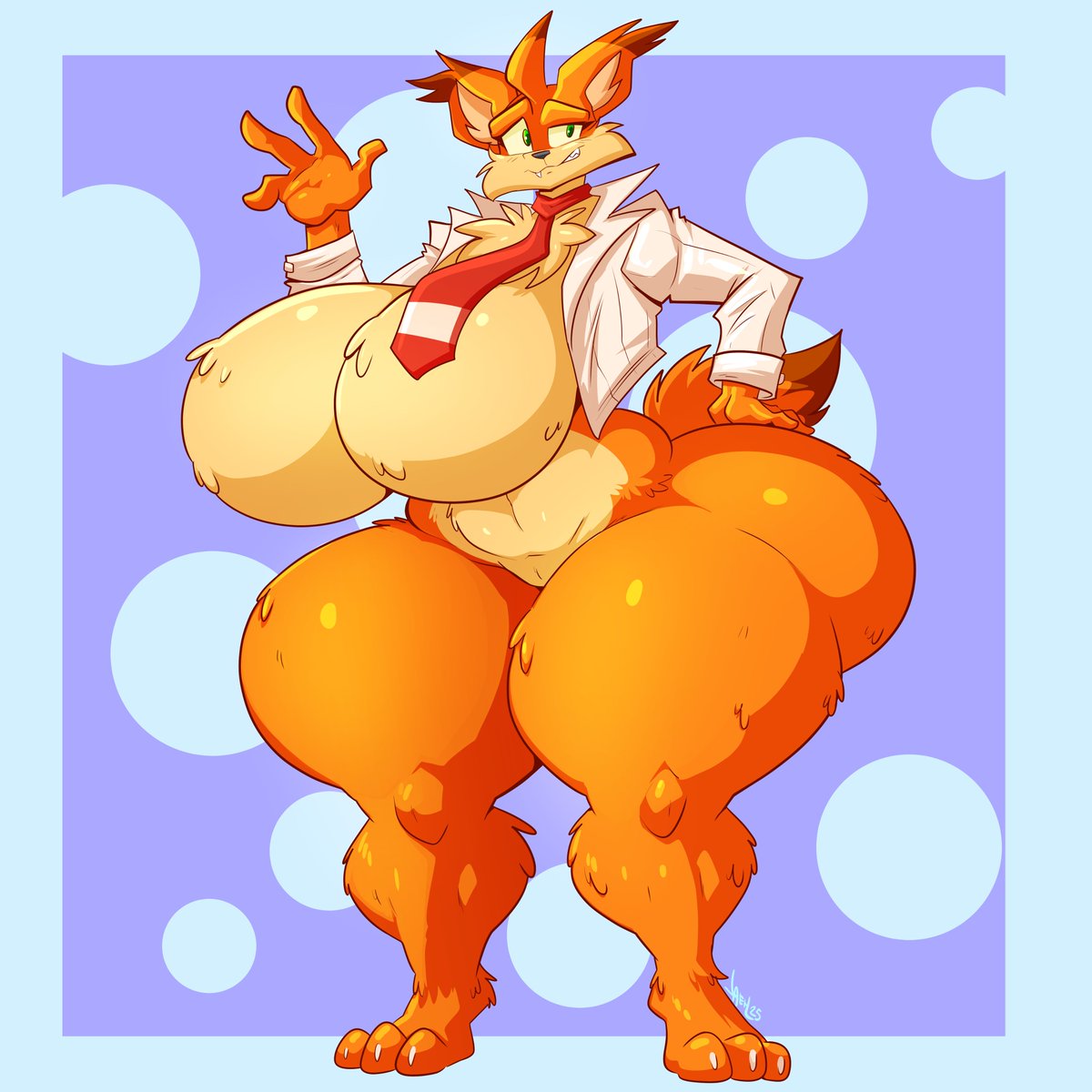 1:1, 1girls, 2025, 2025s, 2d, 2d (artwork), 2d artwork, anthro, anthro female, anthrofied, ass, big ass, big breasts, big butt, bobcat, breasts, bubsy, bubsy (series), bubsy 4d, bubsy bobcat, butt, clothed, clothing, collared shirt, cringe, crossgender, digital art, digital drawing, digital drawing (artwork), digital media, digital media (artwork), digital painting, digital painting (artwork), dipstick tail, dress shirt, fat, fat ass, featureless breasts, featureless crotch, felid, feline, felis, female, female anthro, female focus, female only, fur, furry, furry female, genderswap, genderswap (mtf), gigantic breasts, green eyes, hi res, huge ass, huge breasts, huge butt, huge hips, huge thighs, hyper, hyper breasts, jaeh, jaehthebird, large breasts, lynx, lynx ears, lynx girl, lynx humanoid, lynx tail, mammal, markings, mostly nude, mostly nude anthro, mostly nude female, mtf crossgender, multicolored body, multicolored fur, necktie, orange body, orange ears, orange fur, orange tail, out of character, red necktie, rule 63, rule63, shirt, solo, solo female, solo focus, standing, tail, tail markings, thick thighs, thighs, topwear, two tone body, two tone fur, two-tone body, two-tone fur, unrealistic proportions, video games, white shirt, wide hips