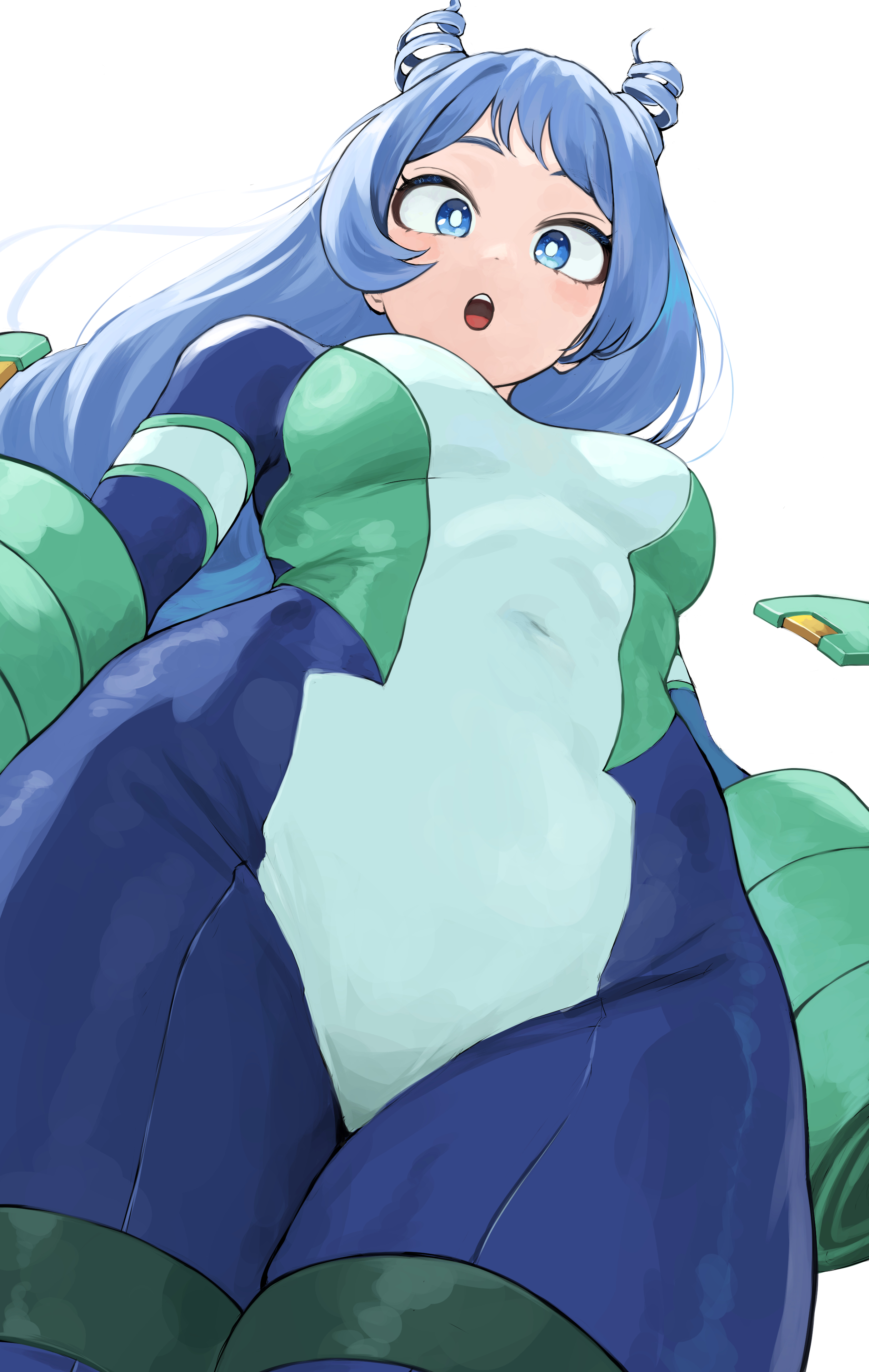 1girls, absurdres, blue bodysuit, blue eyes, blue hair, blue-haired female, blush, bodysuit, boku no hero academia, breasts, drill hair, female, female only, fengling (furin-jp), gloves, green bodysuit, hado nejire, hair horns, highres, jpeg, large breasts, long hair, looking at viewer, looking down, multicolored bodysuit, my hero academia, nejire hado, open mouth, simple background, skin tight, solo, superhero costume, teeth, twin drills, upper teeth only, very long hair, white background