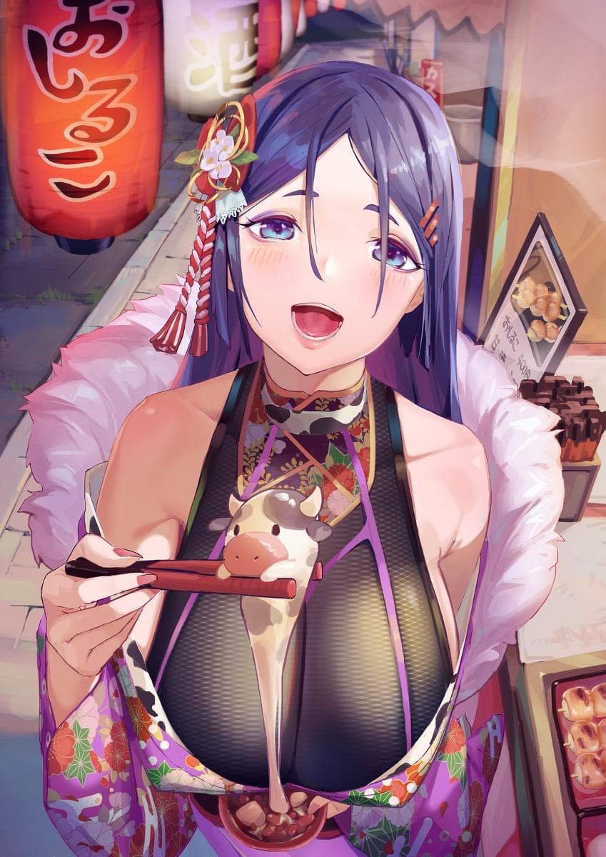 artist_request blush busty carnival chopsticks cleavage cow_print fate/grand_order fate_(series) food_stand fur_trim hair_ornament kimono mesh_top minamoto_no_raikou_(fate/grand_order) painted_nails smiling