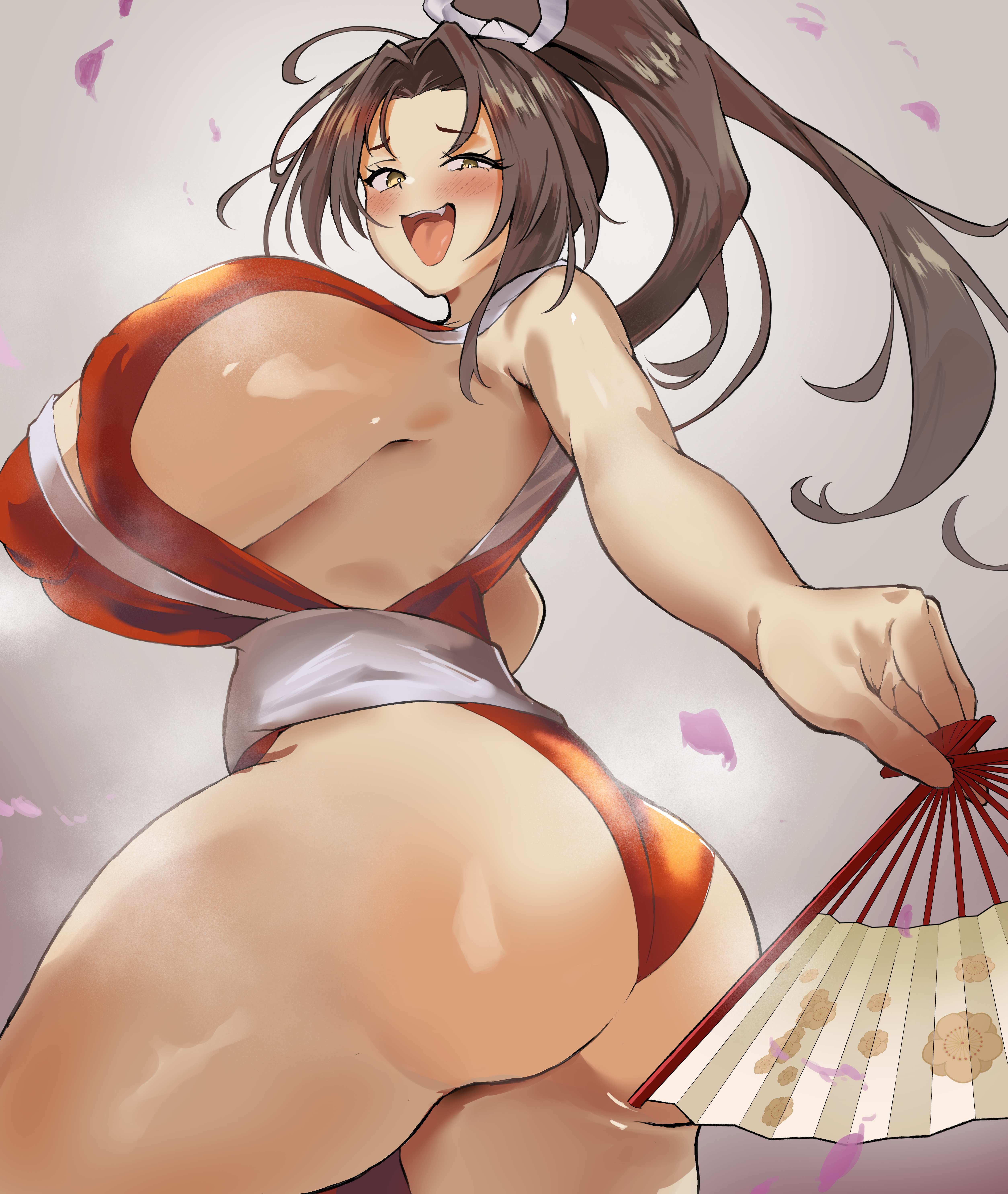 absurdres, ass, breasts, curvy, fatal fury, female, female only, highres, huge ass, huge breasts, king of fighters, large breasts, leotard, long hair, looking at viewer, looking back, mai shiranui, red leotard, sato one1, thong leotard, wide hips