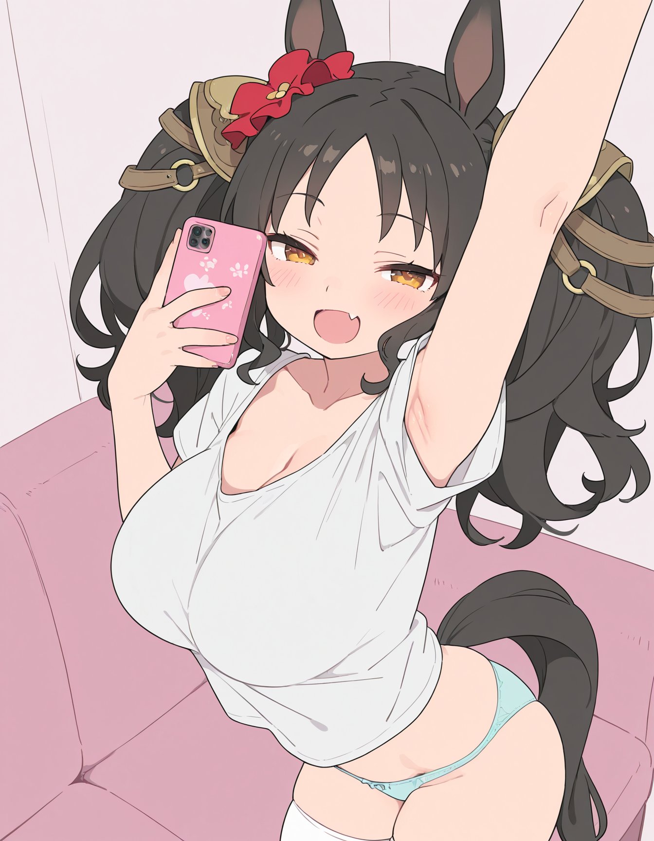 ai generated, amber eyes, armpits, artist request, black hair, breasts, hair ornament, huge breasts, marvelous sunday (umamusume), selfie, shorts, shortstack, smile, smug, symbol-shaped pupils, teeth showing, umamusume, umamusume pretty derby, white shirt