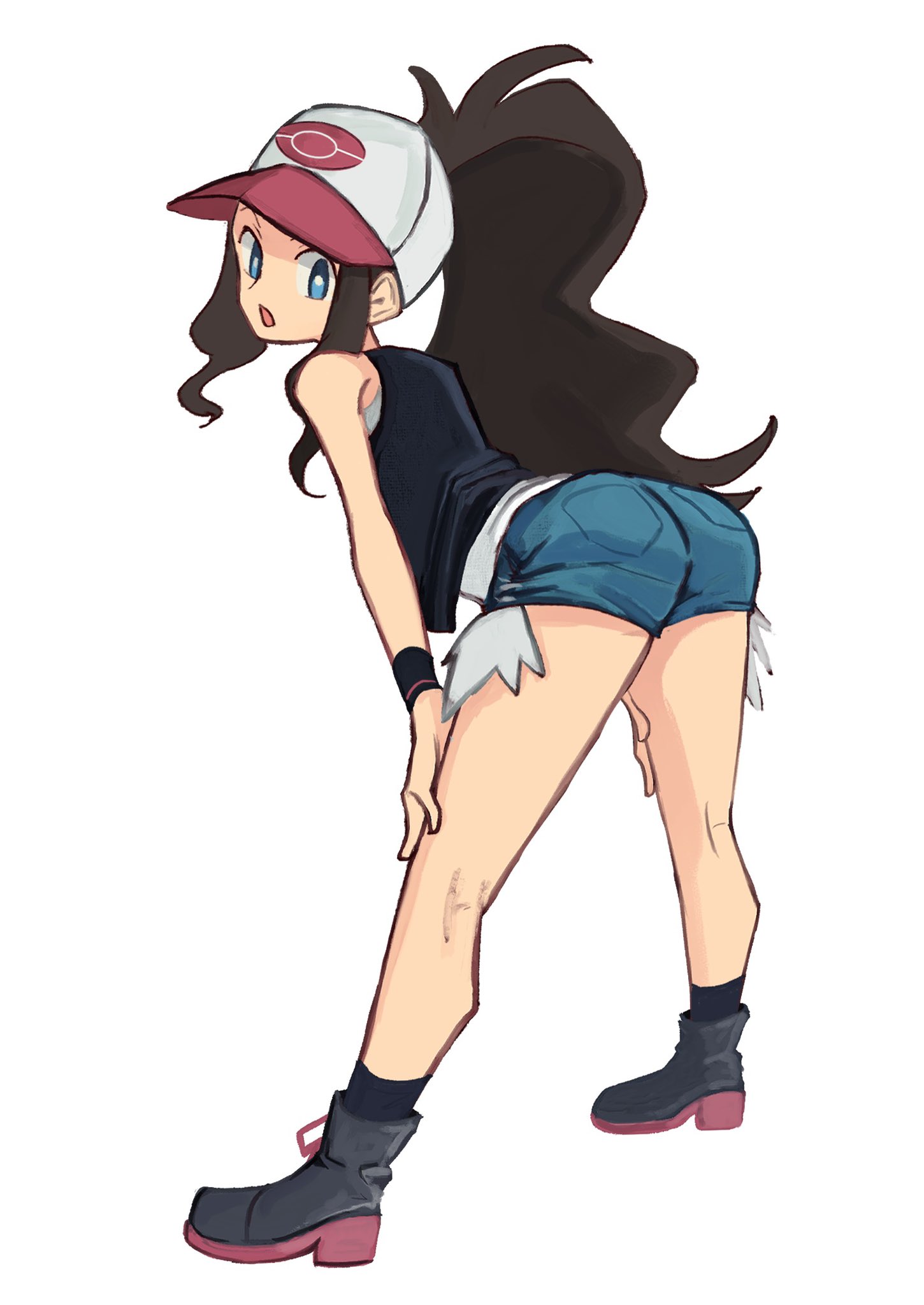:o, 1girls, ass, bent over, black shoes, black vest, blue eyes, blue shorts, brown hair, denim, denim shorts, female, female only, full body, game freak, hat, highres, hilda (pokemon), long hair, looking at viewer, looking back, nintendo, open mouth, pokemon, pokemon bw, ponytail, shirt, shoes, short shorts, shorts, sleeveless, sleeveless shirt, tikuwabu 33, vest, white background, white hat, white shirt, wristband