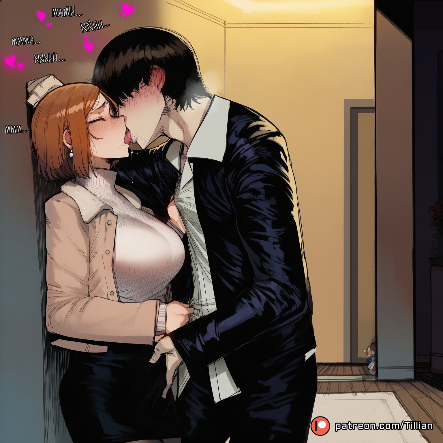 1boy, 2girls, against wall, ai generated, assertive female, black hair, black jacket, black pants, black skirt, blush, breasts, brown hair, closed eyes, earrings, english text, female, french kiss, hand under clothes, heart, indoors, jacket, jewelry, jujutsu kaisen, kissing, kugisaki nobara, large breasts, male, multiple females, multiple girls, netorare, nobara kugisaki, open clothes, open jacket, pants, pantyhose, patreon logo, patreon username, pencil skirt, saliva, shirt, short hair, skirt, straight, sweater, tillian, tongue, tongue out, turtleneck, turtleneck sweater, white shirt, white sweater