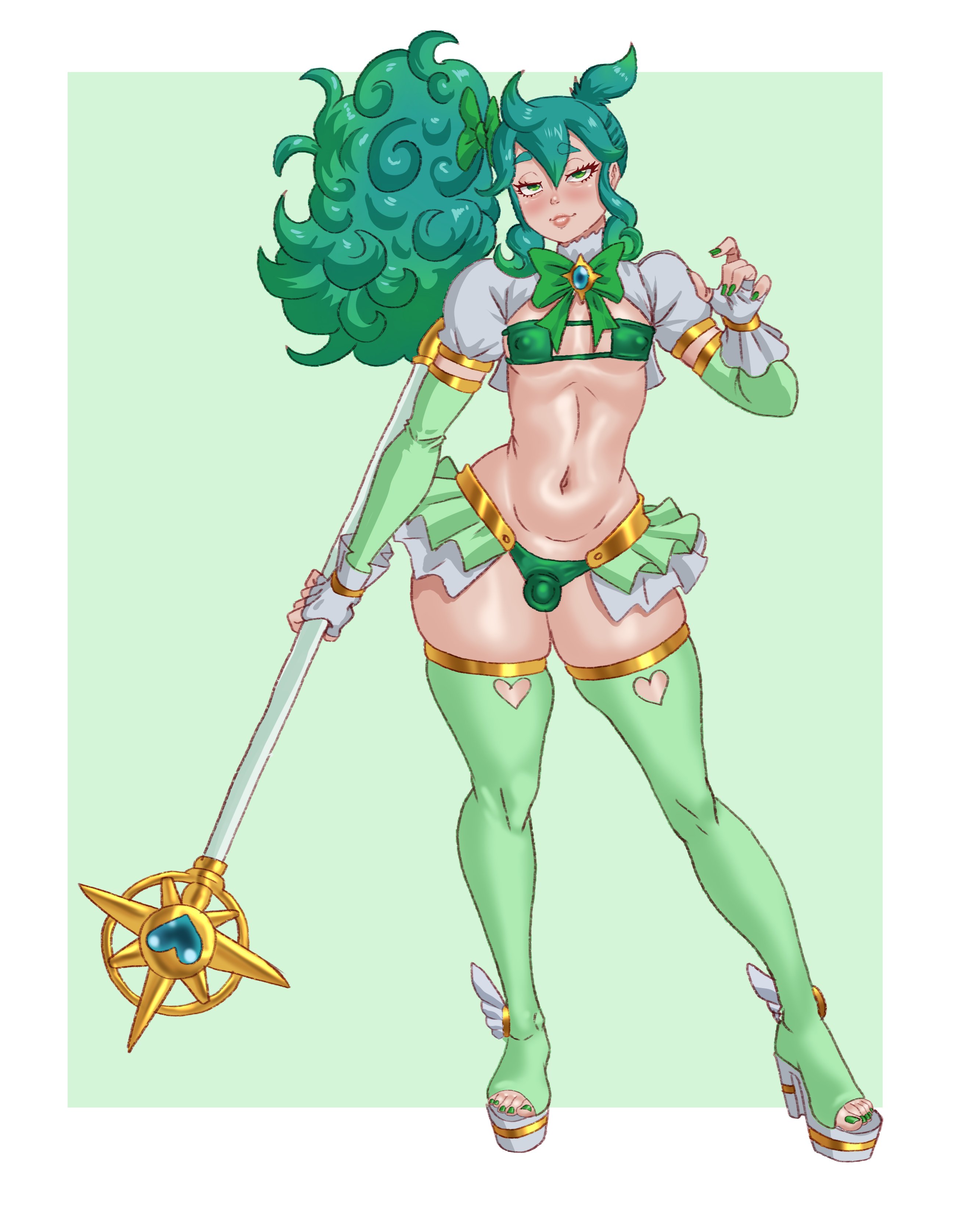 asymmetrical hair, bulge, covered nipples, crossdressing, detached sleeves, eyepatch bikini, femboy, fingerless gloves, gloves, green background, green bikini, green eyes, green footwear, green hair, green nails, green sleeves, green toenails, hirakiart, hirakimax, holding staff, magical boy, magical girl, magicorps (alterkyon), mint (hirakimax), nail polish, original, otoko no ko, platform boots, shrug (clothing), side ponytail, solo, staff, thick thighs, thigh boots, thigh high boots, toenail polish, trap, very long hair, white gloves