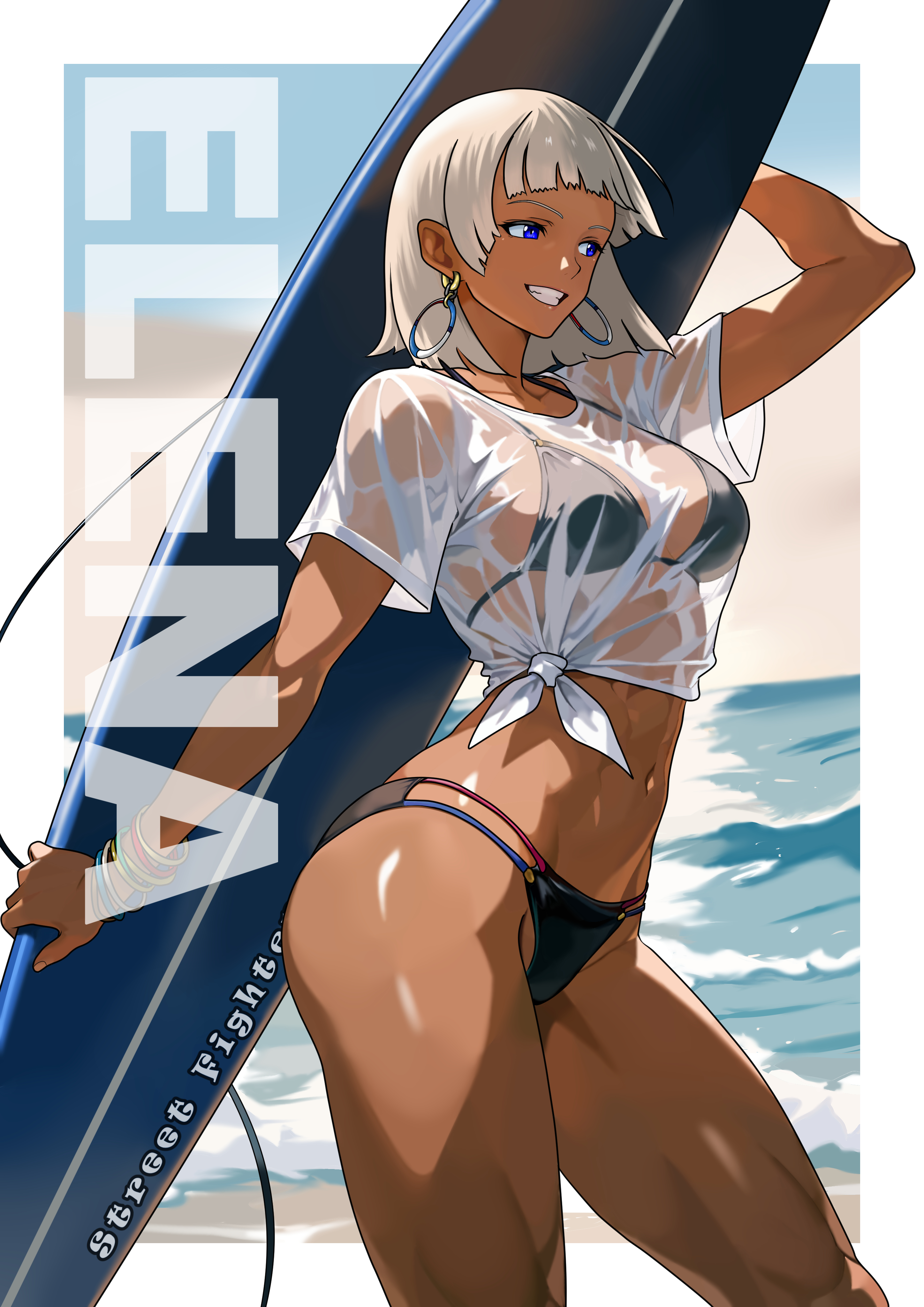 absurdres, bikini, black bikini, dark skin, dark-skinned female, earrings, elena (street fighter), female, female only, highres, jewelry, medium hair, ocean, purple eyes, shirt, solo, street fighter, street fighter 6, string bikini, surfboard, swimsuit, t-shirt, wet, wet clothes, wet shirt, white hair, yagi (joe731842)