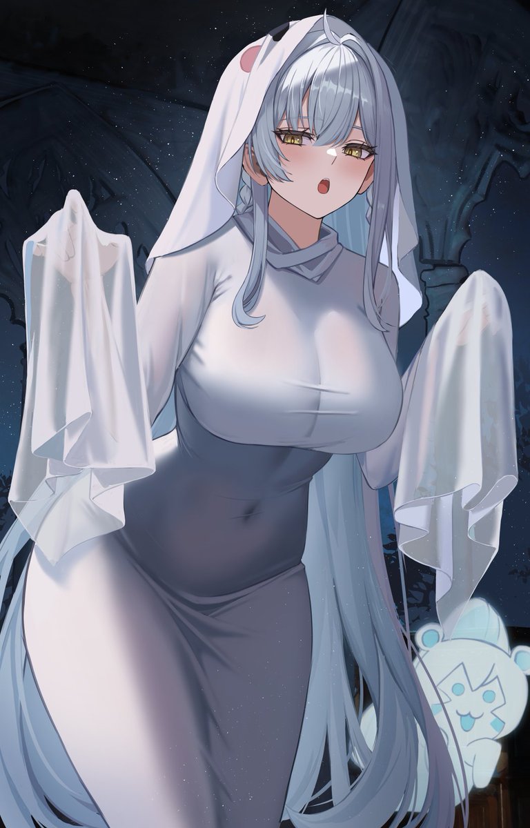 :o, blush, breasts, brown dust (series), brown dust 2, covered navel, female, female only, gaitoou, ghost girl (niyeye2019), granhildr (brown dust), hands up, highres, large breasts, long hair, looking at viewer, night, open mouth, sidelocks, sleeves past fingers, sleeves past wrists, solo, white hair, yellow eyes