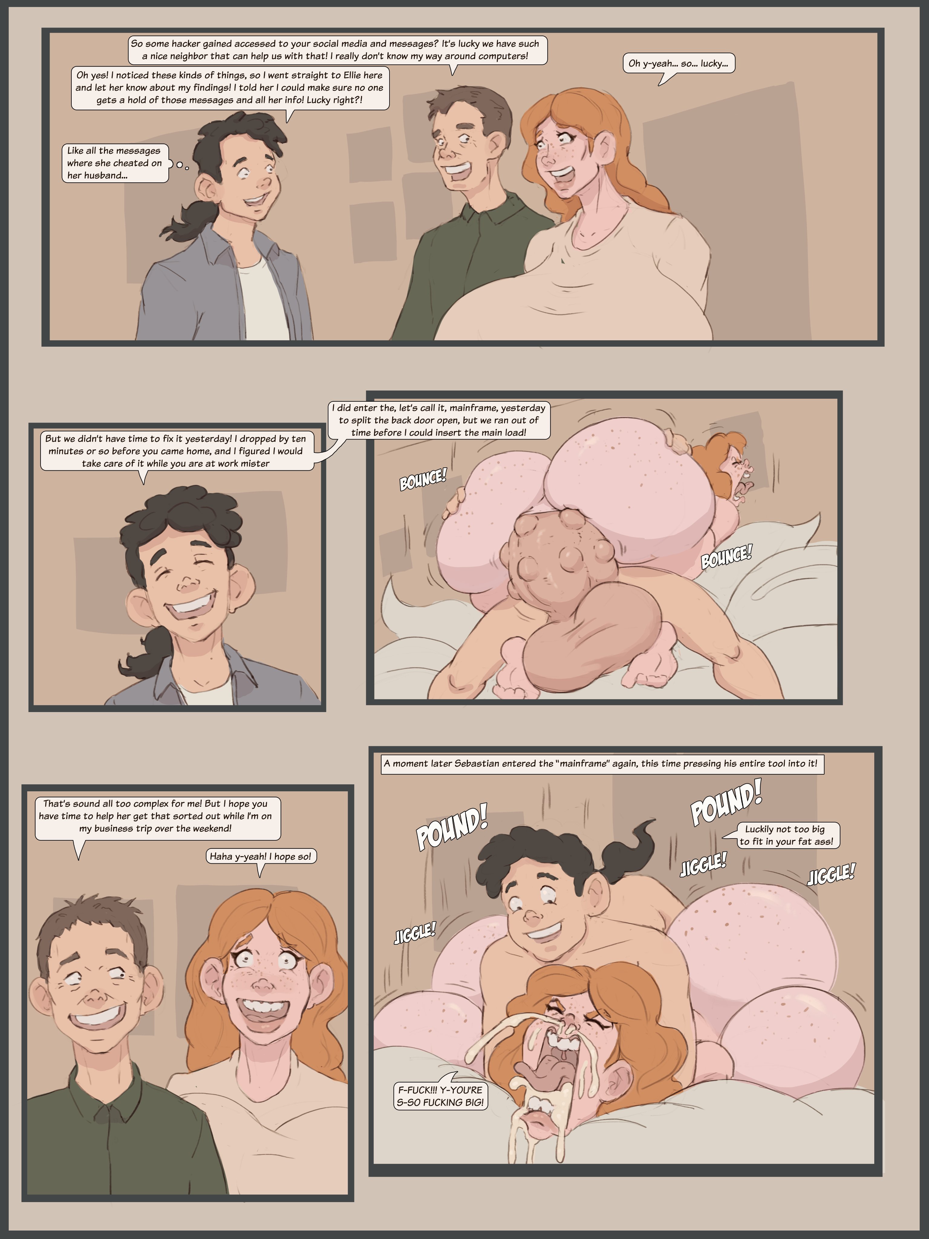 1girls, 2boys, absurd res, anal, anal sex, balls, blackmail, breasts, bumpy penis, cheating, cheating wife, comic, comic page, cum, cum from mouth, cum from nose, cum in ass, cum inside, cum out mouth, cum out nose, cum through, dialogue, female, freckles, freckles on ass, freckles on breasts, freckles on face, hi res, huge ass, huge breasts, huge cock, hyper, hyper penis, male, netorare, ntr, orange hair, penis, shiin, speech bubble, time lapse, unaware, velvet city (shiin)
