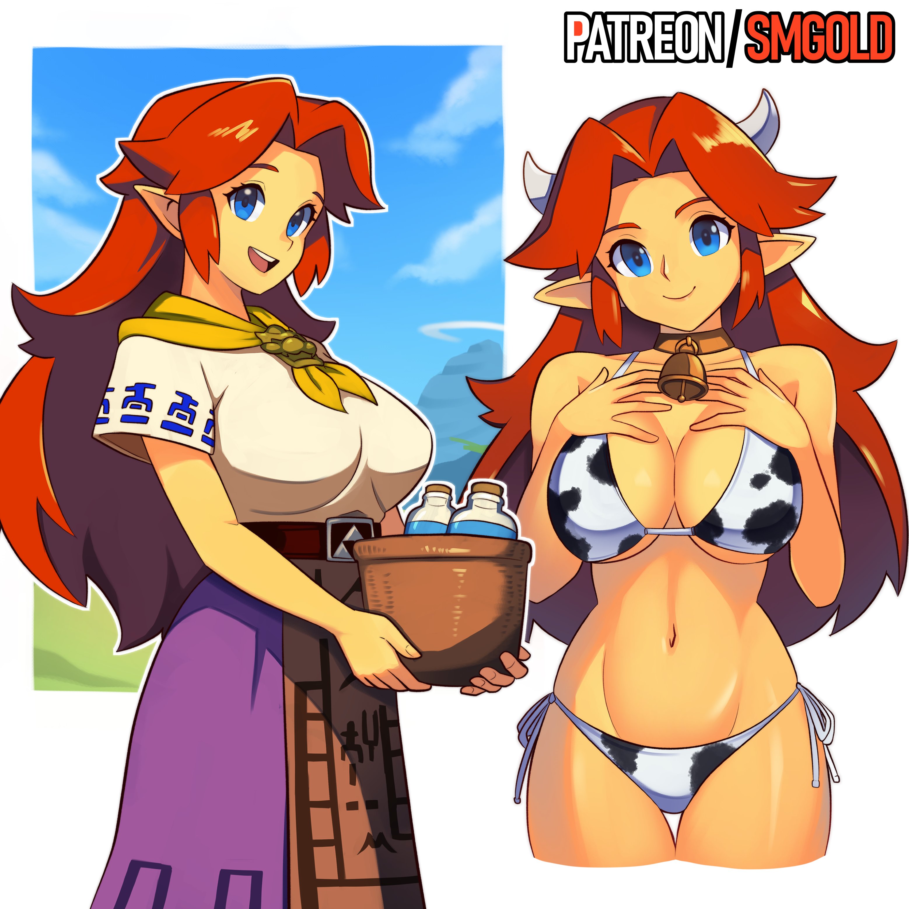 1girls, absurdres, animal print, bell, bikini, blue eyes, bottle, bowser brooch, breasts, brown hair, closed mouth, cow horns, cow print, cow print bikini, fake horns, farmgirl, female, female only, highres, horns, large breasts, long hair, malon, milk bottle, multiple views, navel, neck bell, nintendo, ocarina of time, open mouth, patreon username, pointy ears, print bikini, red hair, smgold, smile, swimsuit, teeth, the legend of zelda, upper teeth only