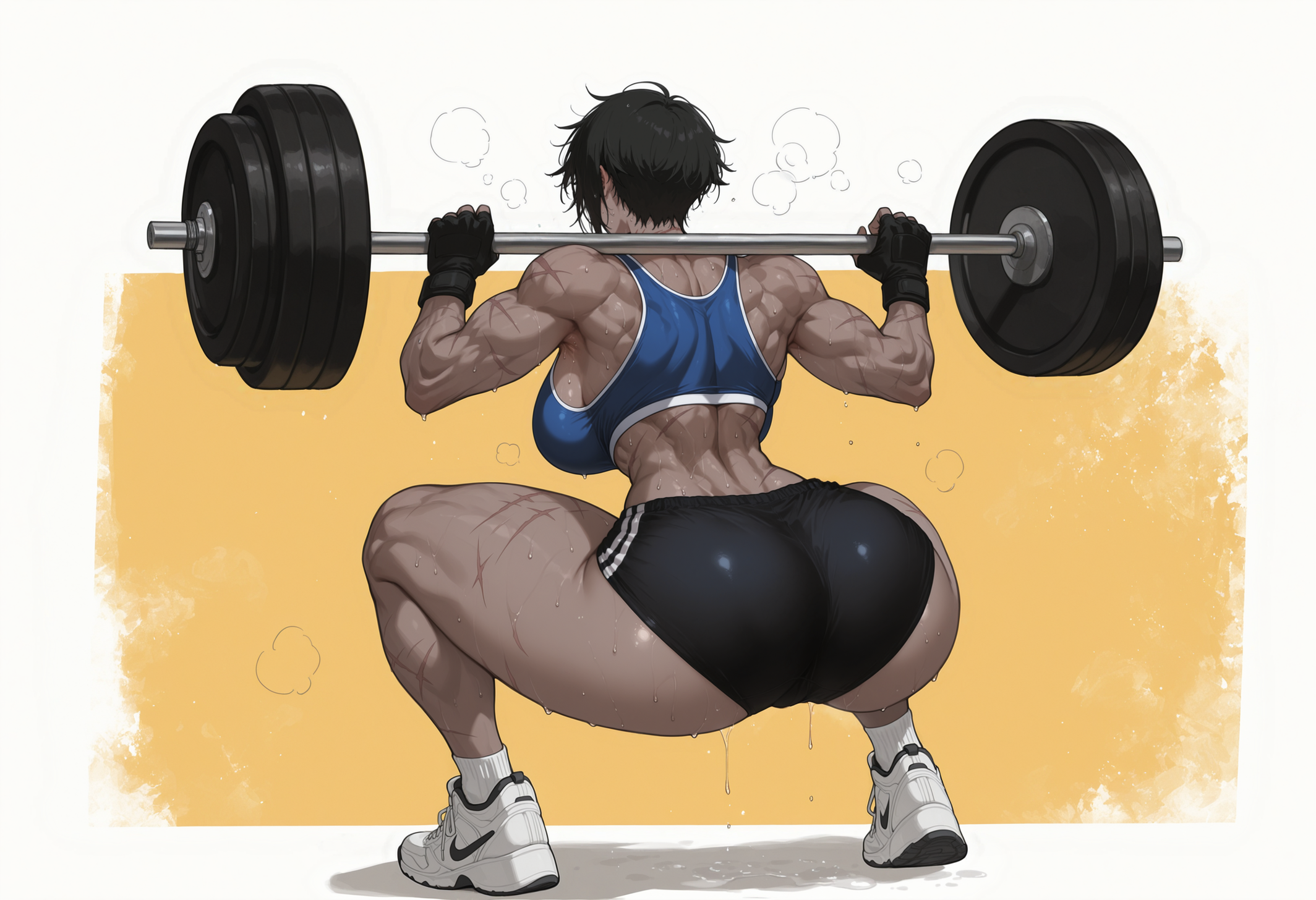 1girls, ai, ai art, ai generated, ai-created, ass focus, behind view, big ass, black hair, black shorts, blue sports bra, breasts, curvy, curvy body, curvy female, curvy figure, dark skin, dark-skinned female, deviantart link, exercise, exercise clothing, faceless female, female, female focus, female only, fingerless gloves, full body, heavy breathing, huge ass, large breasts, lifting, mature female, muscular, muscular female, scar, shiny skin, short hair, shorts, sneakers, solo, solo female, sports bra, sportswear, squatting, sweat, sweatdrop, thick thighs, thin waist, tomboy, uersor, valery (uersor), weightlifting, wet, wet body, wet skin, white sneakers, wide hips
