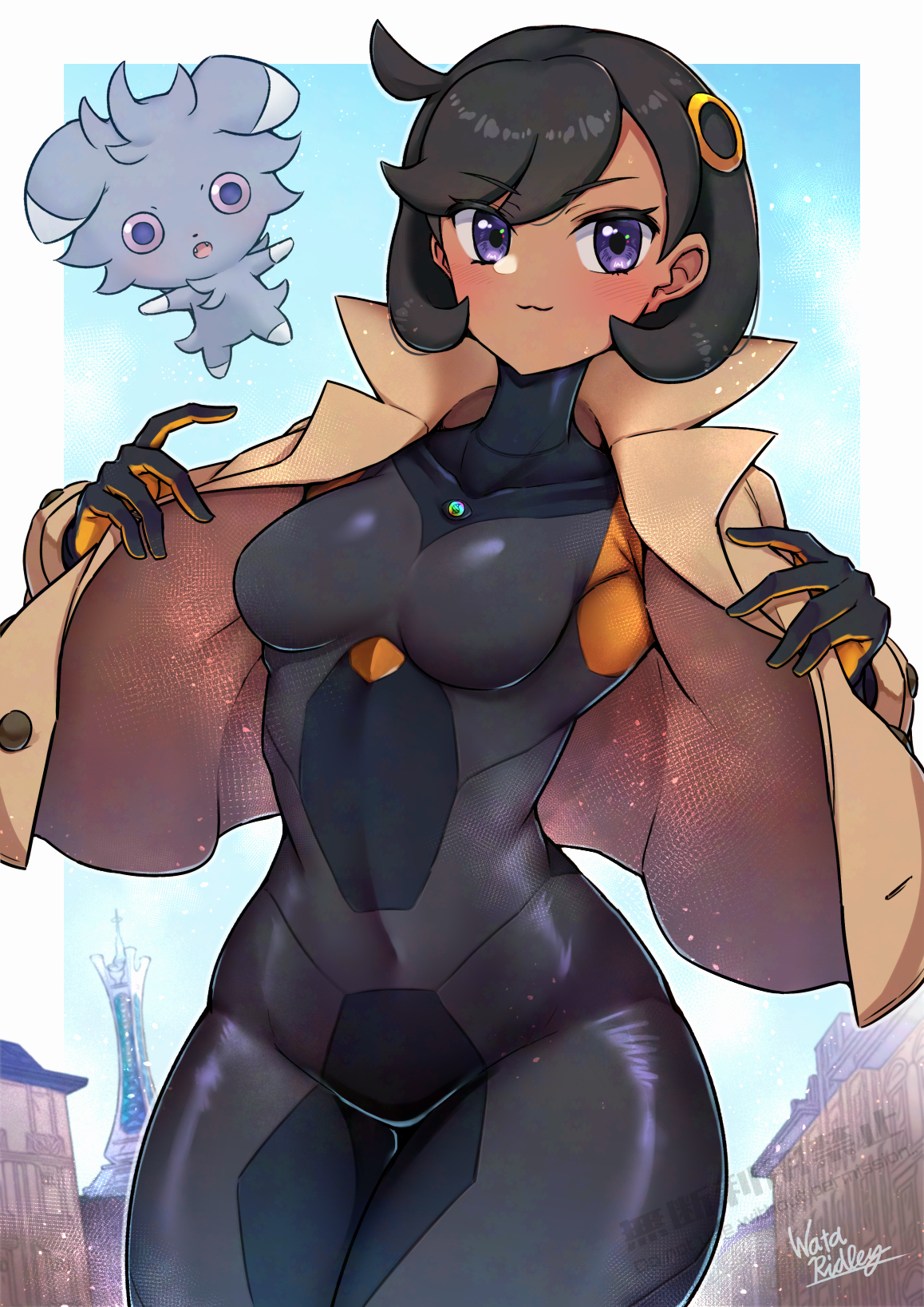 1girls, black bodysuit, black hair, blue sky, bodysuit, breasts, brown jacket, covered navel, cropped jacket, day, emma (pokemon legends: z-a), emma (pokemon), espurr, female, female only, gen 6 pokemon, hair ornament, highres, jacket, matiere (pokemon legends: z-a), matiere (pokemon), nintendo, nyasper, open clothes, open jacket, outdoors, pokemon, pokemon (creature), pokemon legends: z-a, purple eyes, short hair, side ahoge, skin tight, sky, small breasts, thighs, tower, wakaba (wata ridley), wide hips