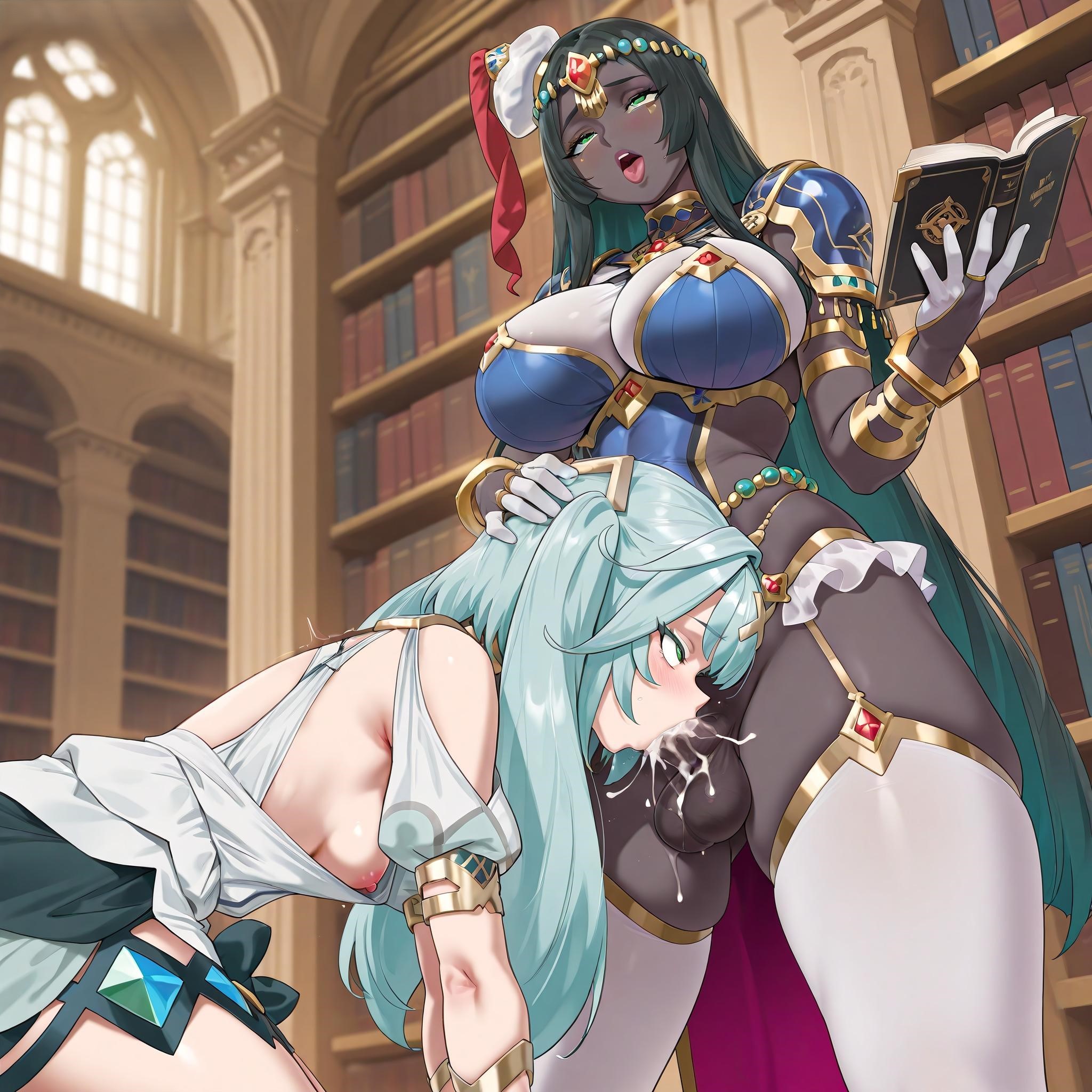 ahegao, ai generated, balls, ballsack, blowjob, breasts, clothed, clothed futa, cock, crossover, cum, dark-skinned futa, duo, faruzan (genshin impact), fate (series), fate/grand order, fellatio, futa only, futanari, genshin impact, green eyes, hand on head, holding object, hoyoverse, intersex, library, light-skinned futa, nameless gooner, open mouth, penis, scheherazade (fate), self upload, size difference, thighs, tongue out