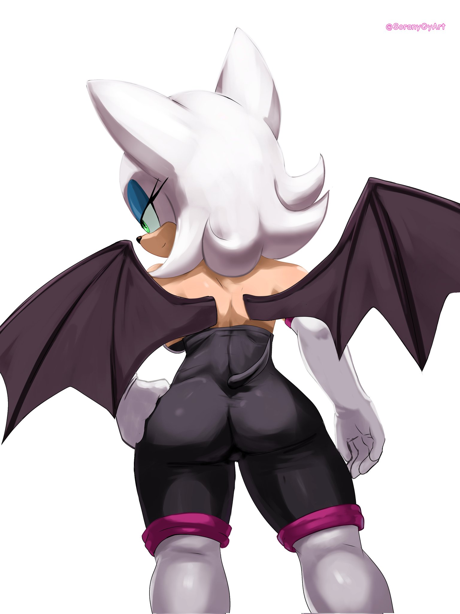 1girls, artist name, ass, back view, bat, bat girl, bat wings, clothed, female, gloves, rouge the bat, sega, solo, sonic (series), sonic the hedgehog (series), soranygy, white background, wings