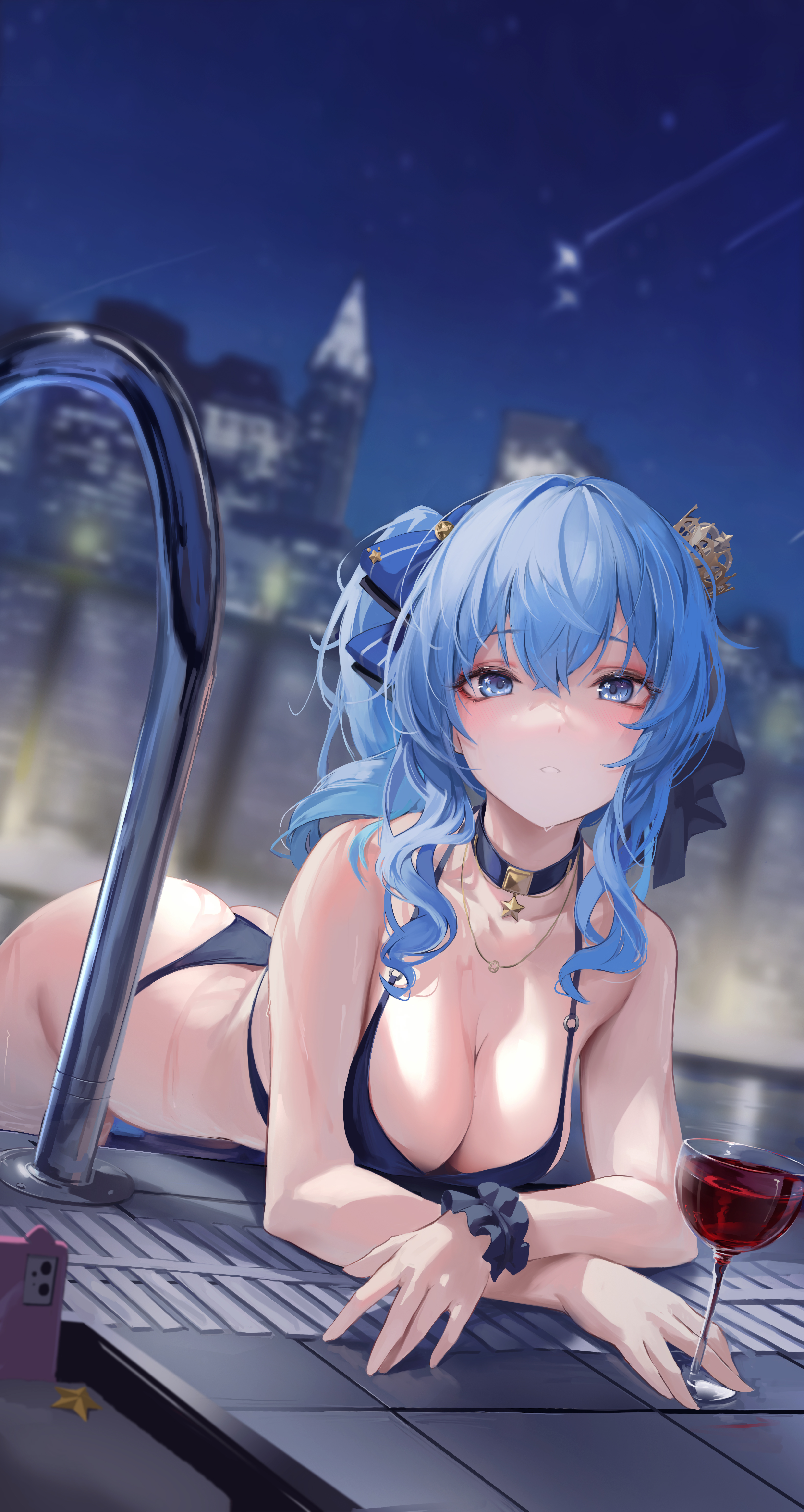 1girls, aqua eyes, aqua hair, ass, bare shoulders, big breasts, bikini, blush, bra, breasts, chest, choker, cleavage, female, female only, glass, hair accessory, highres, hololive, hololive gen 0, hololive japan, hoshimachi suisei, leviathan (hikinito0902), light skin, light-skinned female, long hair, looking at viewer, medium hair, night, outdoors, outside, panties, ponytail, pool, solo, swimsuit, underwear, virtual youtuber, wet skin, wine, wine glass