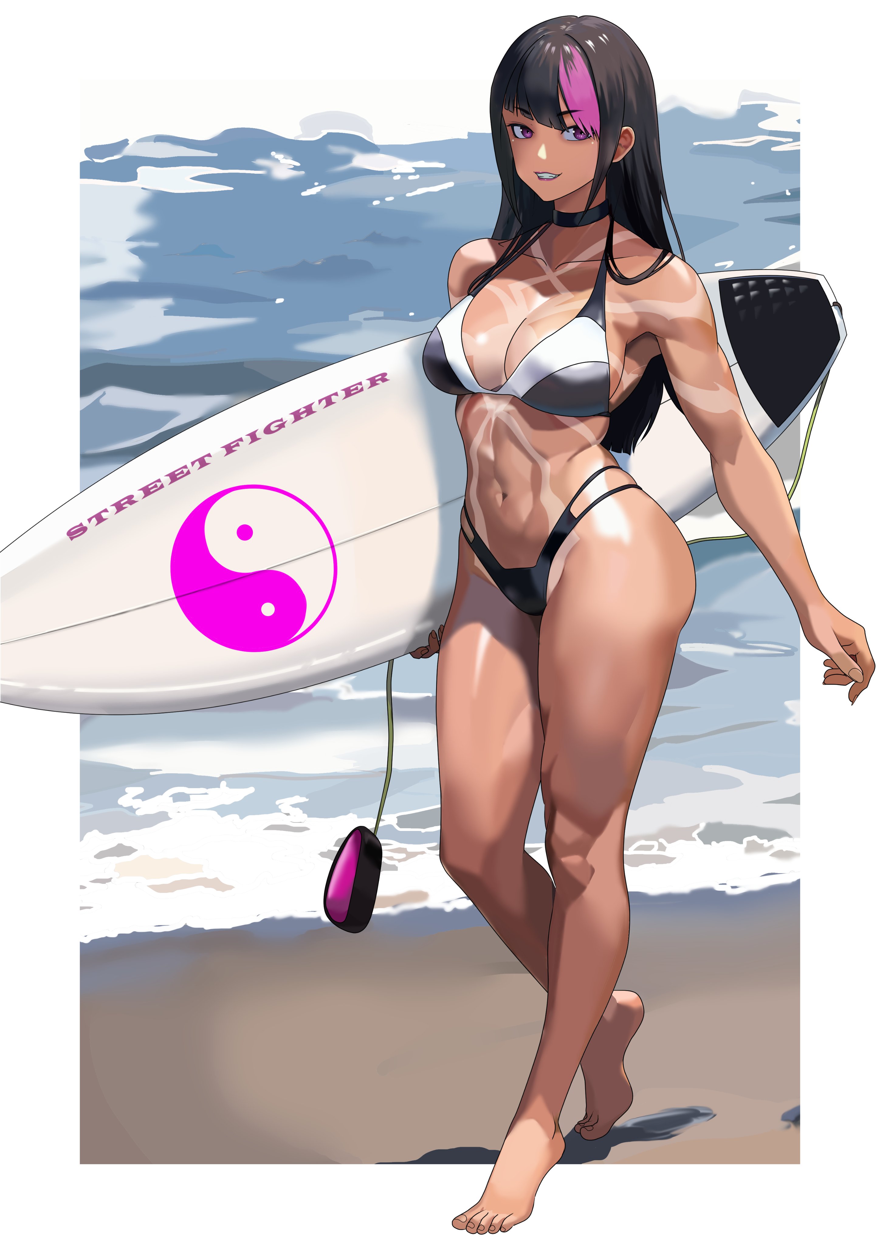 1girls, absurdres, bare legs, bare shoulders, beach, bikini, black hair, female, female only, full body, grin, highres, holding, holding surfboard, juri han, long hair, multicolored hair, pink hair, purple eyes, sideways glance, smile, streaked hair, street fighter, street fighter 6, surfboard, swimsuit, tan, tanline, toned, toned female, walking, yagi (joe731842), yin yang