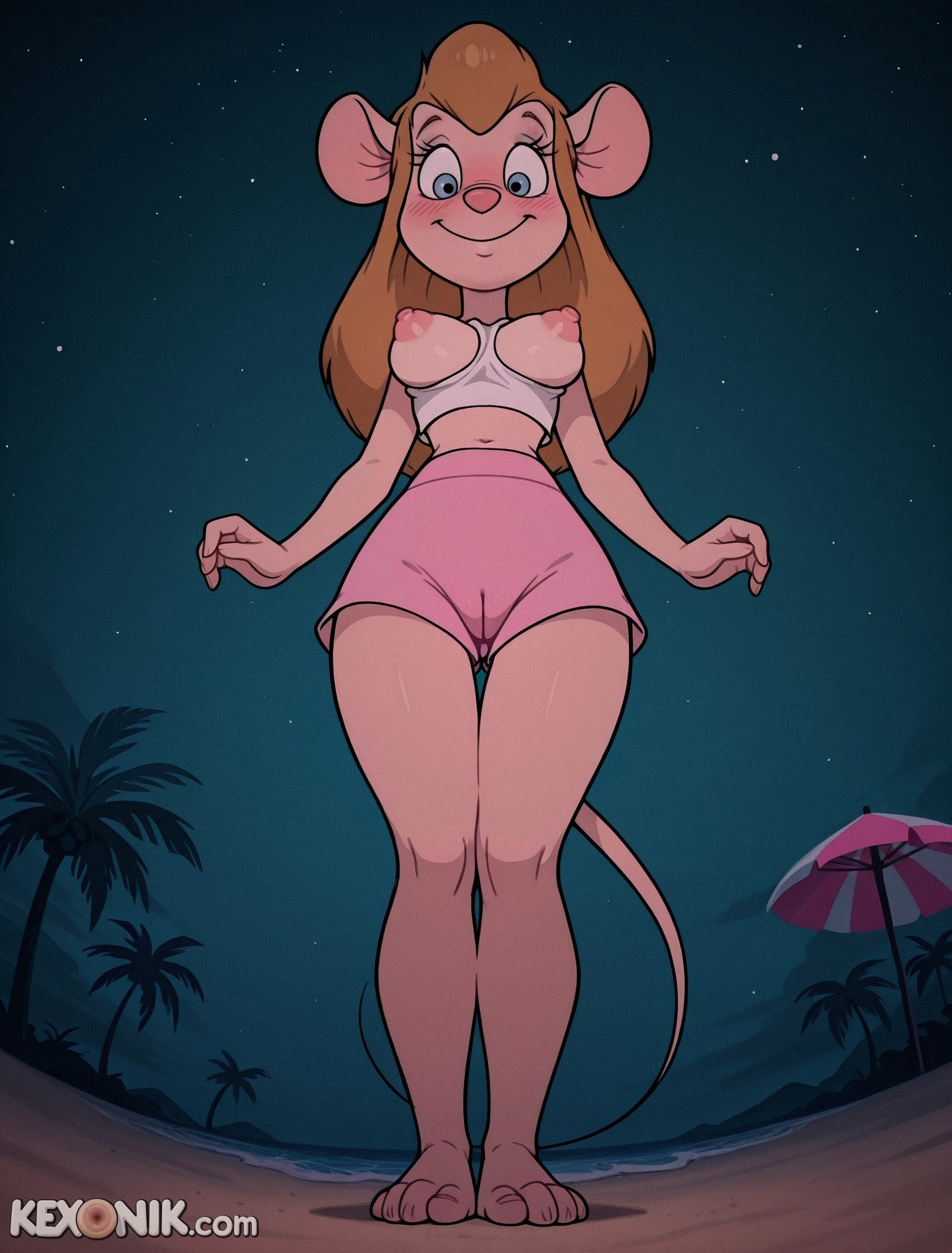 1girls, ai generated, bangs, blue eyes, blush, breasts, breasts out, brown hair, buck teeth, chip 'n dale rescue rangers, cleft of venus, disney, feet, female, foot focus, from below, furry, furry female, gadget hackwrench, goggles on head, kexonik, long hair, looking at viewer, medium breasts, midriff, mouse ears, mouse girl, mouse tail, narrow waist, pink shorts, puffy nipples, sagging breasts, shy, smile, solo, standing, thigh gap, toes, white top