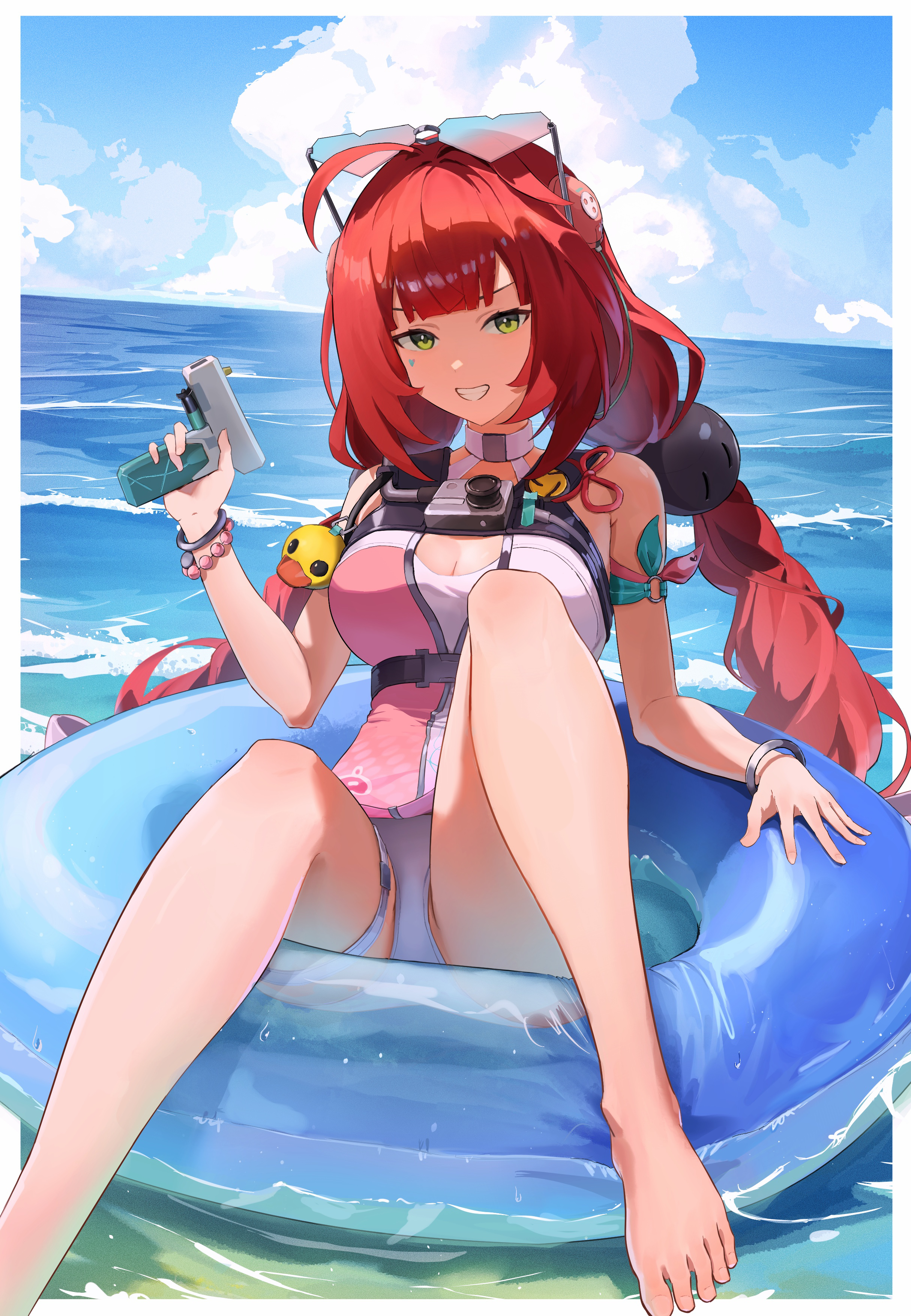 absurdres, ahoge, barefoot, blue sky, braid, breasts, cloud, eyewear on head, feet, female, female only, green eyes, highres, holding, holding water gun, innertube, long hair, looking at viewer, medium breasts, official alternate costume, one-piece swimsuit, pink one-piece swimsuit, red hair, sky, smile, solo, sunglasses, swim ring, swimsuit, thigh strap, toes, tsubakuro31, twin braids, two-tone one-piece swimsuit, ukinami yuzuha, ukinami yuzuha (tanuki in broad daylight), very long hair, water, water gun, white one-piece swimsuit, zenless zone zero