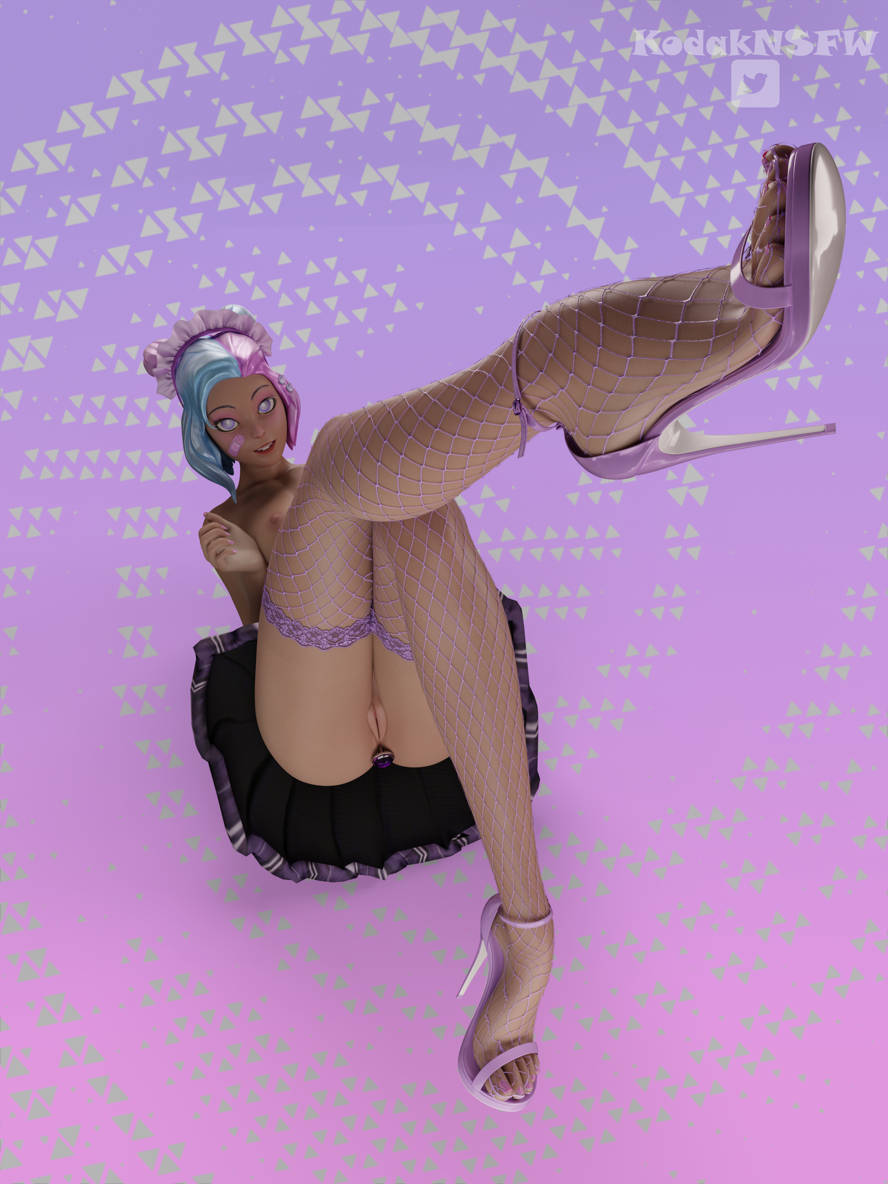 braces, breasts, buttplug, buttplug in ass, feet, feet focus, feet together, fishnet legwear, fishnet stockings, fishnets, foot fetish, foot focus, fortnite, fortnite: battle royale, heels, heels focus, high heels, jewel buttplug, kodaknsfw, leelah (fortnite), legs crossed, looking at viewer, maid, maid headdress, puffy pussy, purple hair, pussy, shoes, skirt around belly, skirt down, stockings, thighhighs