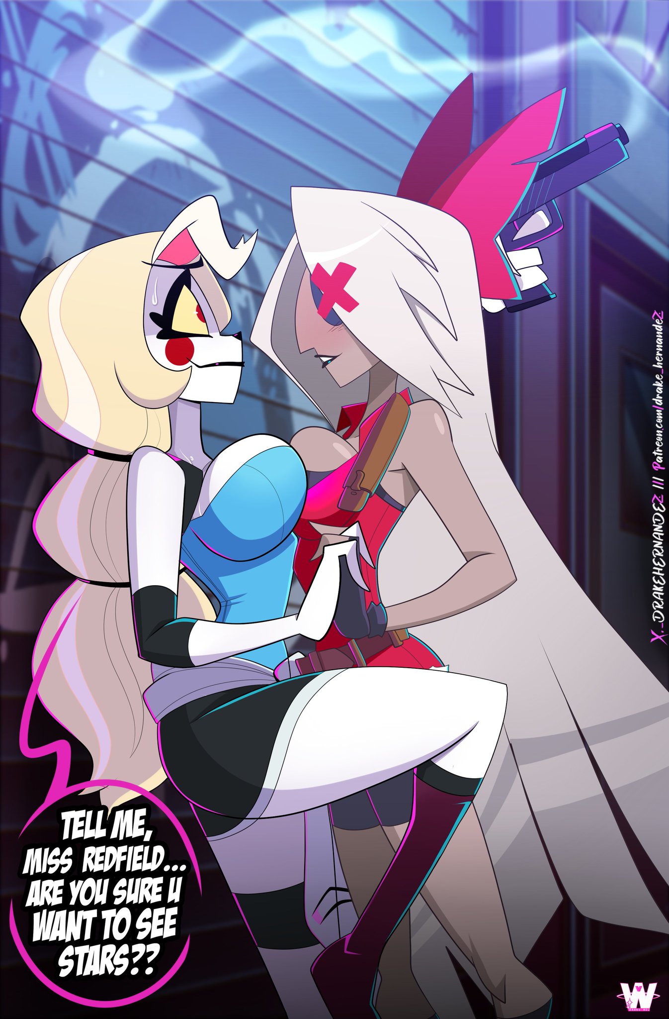 2girls, bare arms, bare legs, bare shoulders, bare thighs, big breasts, blonde hair, blush, breast press, breasts, cartoon, cartoony, charlie morningstar (hazbin hotel), claire redfield (cosplay), clothed, clothing, color, cosplay, crossover cosplay, female, female focus, female only, great dude, grey hair, hazbin hotel, hi res, jill valentine (cosplay), large breasts, light skin, light-skinned female, long hair, looking pleasured, manga, pleasure face, red eyes, resident evil, resident evil 2, resident evil 3, speech bubble, tagme, text, text bubble, thick thighs, typography, vaggie (hazbin hotel), vivienne medrano, webcomic, word balloon, words, yuri