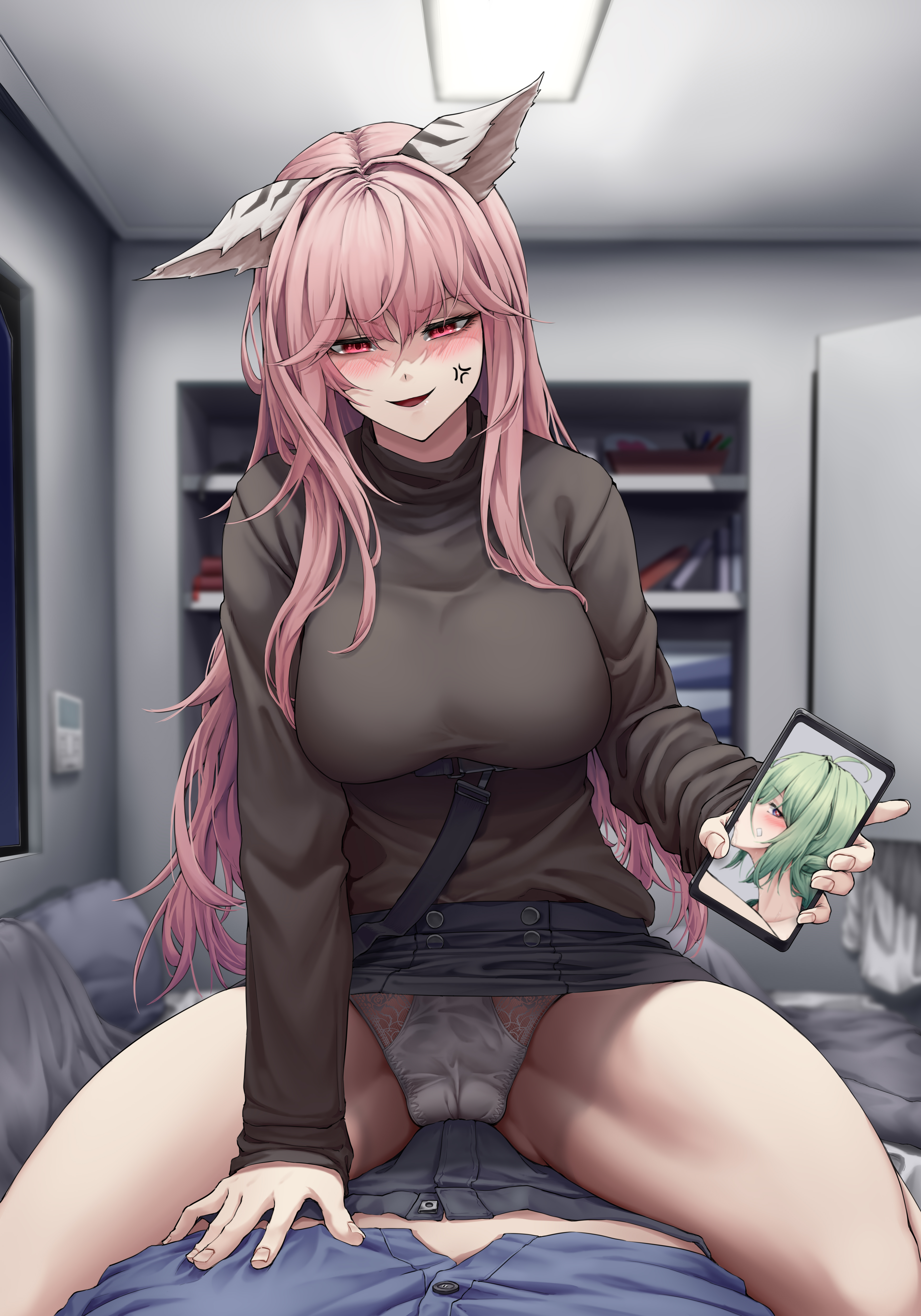 1boy, 2girls, absurd res, anger vein, animal ears, black pants, black shirt, black skirt, blue shirt, blush, breasts, cellphone, cellphone picture, de lacey (neural cloud), enin, erection, erection under clothes, evil smile, female, girls' frontline, girls' frontline neural cloud, green hair, holding object, imminent sex, implied fellatio, implied oral, lace-trimmed panties, large breasts, long hair, looking at viewer, lying, male, nude, open mouth, panties, pantyshot, persica (girls' frontline), persicaria (neural cloud), photo (object), pink hair, pov, professor (neural cloud), red eyes, sitting on person, skirt, straddling, straight, straps, underwear, upskirt, white panties