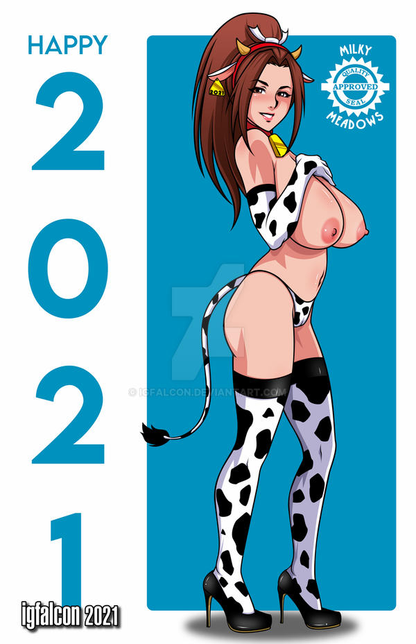 2021, bell collar, breasts, brown hair, colored, cow ears, cow girl, cow print, cow print gloves, cow print thighhighs, cow tail, cowgirl, curvy, falcon-creative, fatal fury, female, female only, femsub, happy new year, hazel eyes, headband, high heels, hucow, huge breasts, king of fighters, line art, long hair, looking at viewer, mai shiranui, new year, slave, slave collar, smile, snk, submissive female, tagme, topless, voluptuous, year of the ox