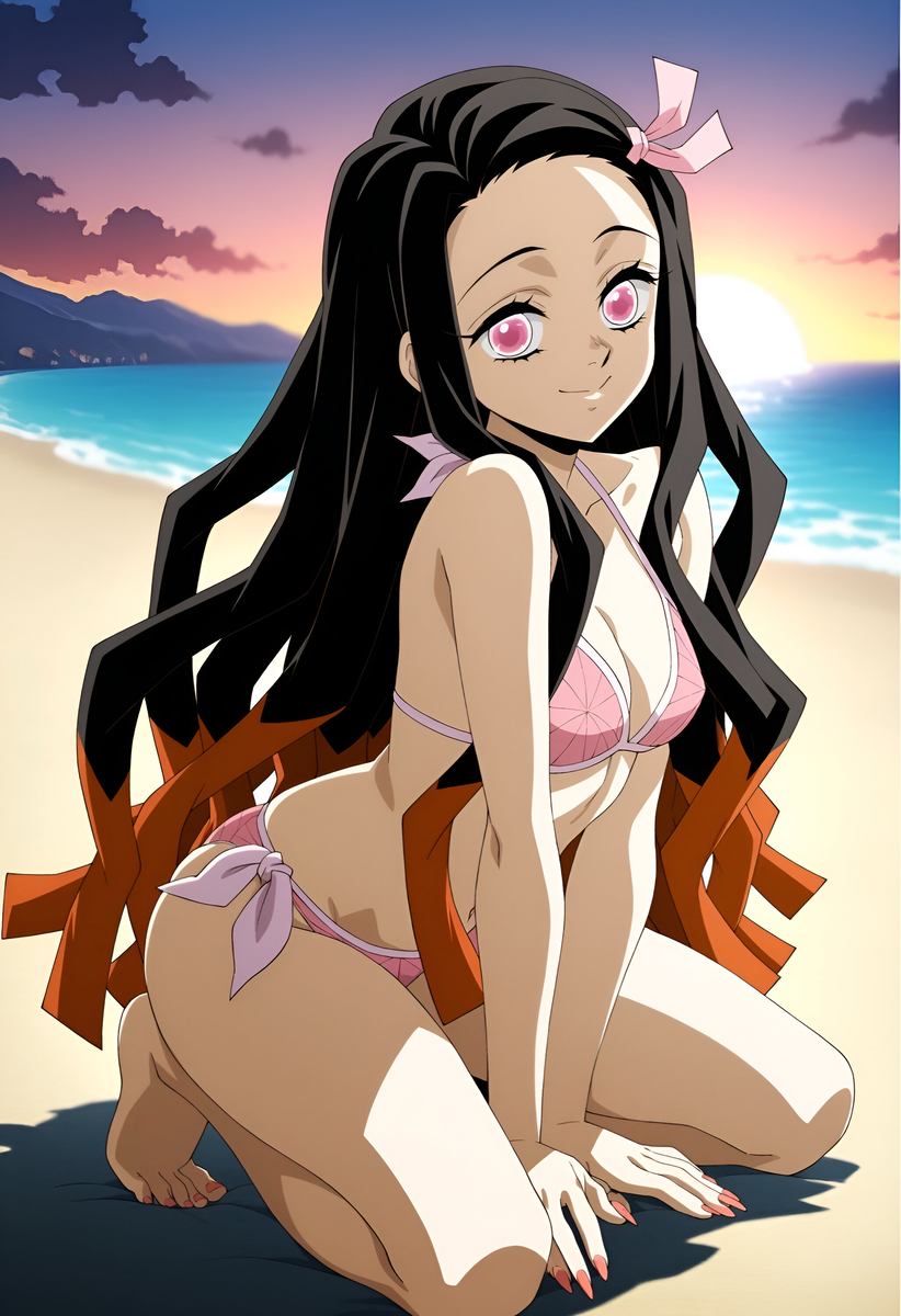 1girls, ai generated, bikini, clothed, clothed female, demon slayer, duderu vanilla, female, female only, kamado nezuko, kneeling, pink bikini, pink eyes, solo, swimsuit, two-tone hair