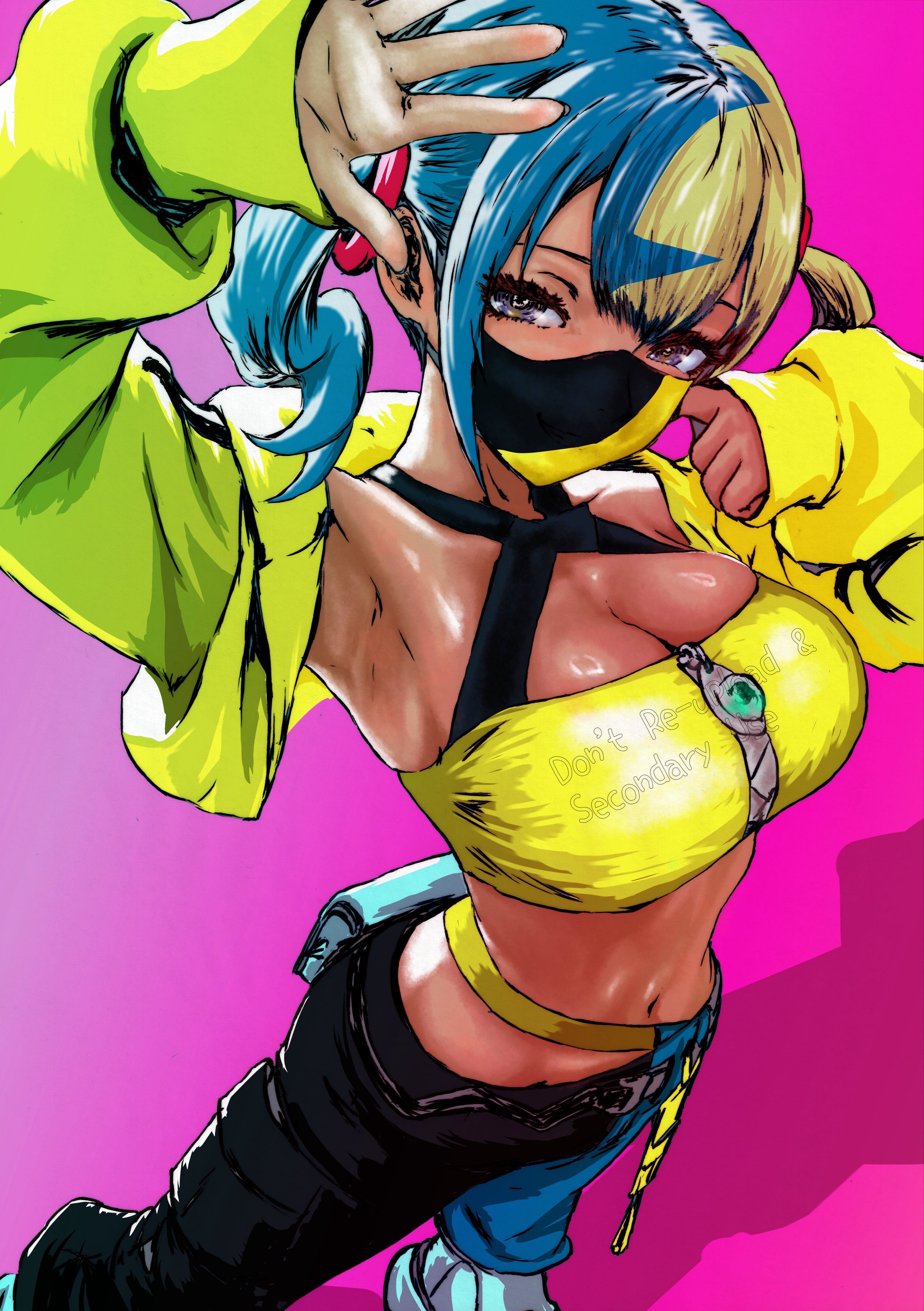 1girls, absurdres, aqua hair, bandeau, belt, black mask, black pants, blonde hair, blue pants, breasts, canari (pokemon), canary (pokemon), center-flap bangs, cleavage, criss-cross halter, criss-cross straps, crop top, cropped jacket, curly sidelocks, female, female only, halterneck, highres, jacket, large breasts, looking at viewer, mask, mega ring, mega stone, midriff, mouth mask, multicolored hair, navel, nintendo, oeilvert fft, pants, pink background, pokemon, pokemon legends: z-a, shoes, short twintails, simple background, solo, split-color clothes, split-color hair, stomach, twintails, two-tone hair, two-tone mask, two-tone pants, watermark, yellow bandeau, yellow jacket, yellow mask